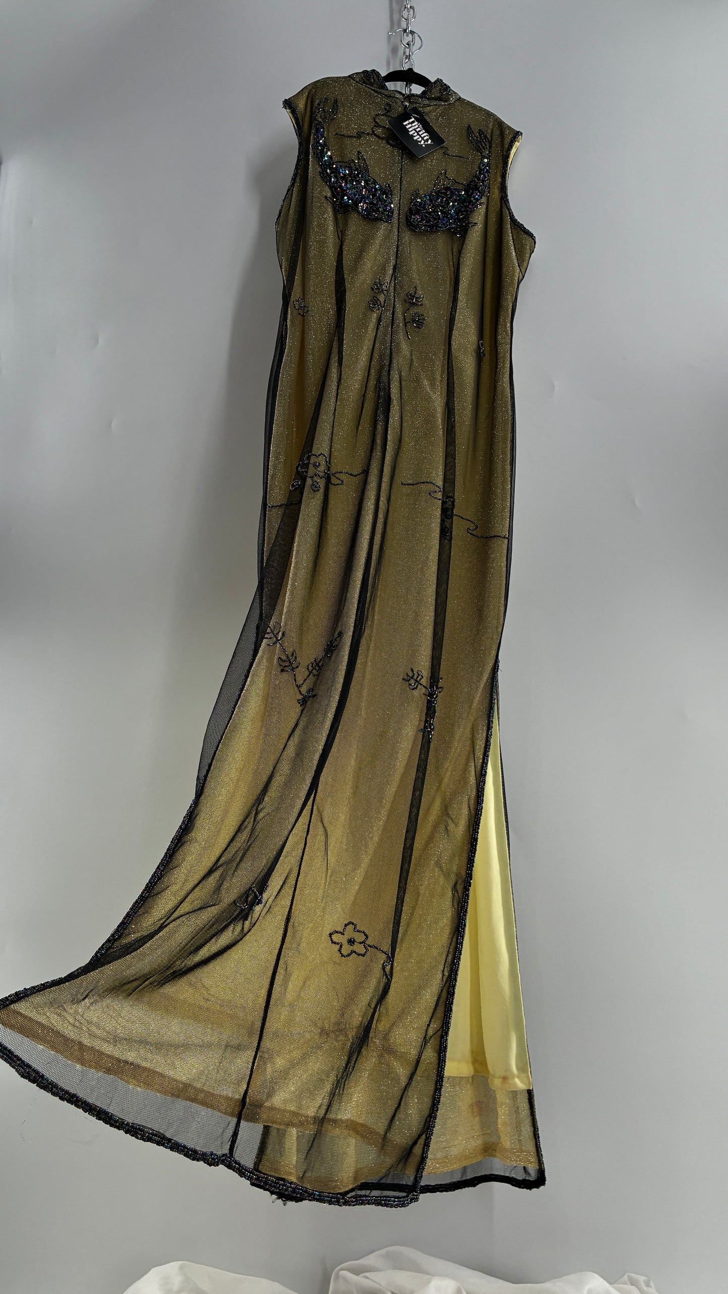 Vintage 1990s One of a Kind Handmade, Green Gown with Beaded Koi Fish, Metallic Tulle Overlay, and Symmetric Back (Medium)