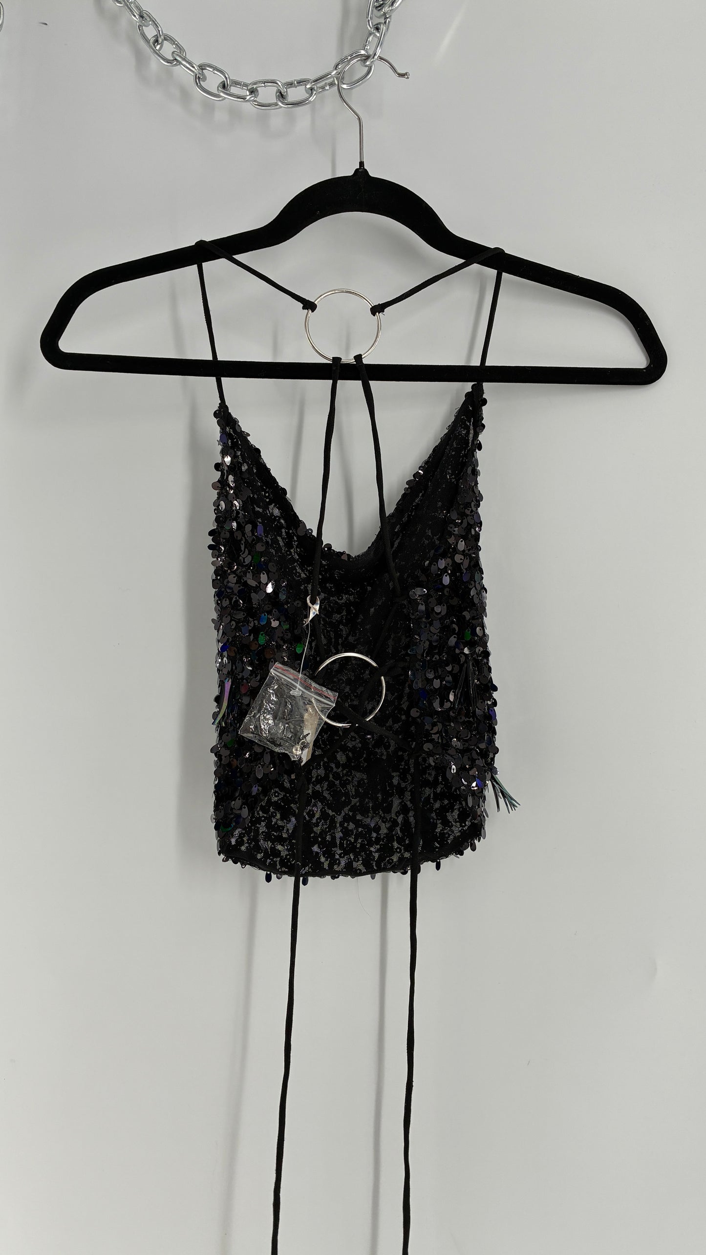 Free People Black Open, Tie Up Back Camisole Covered in Sequins with Silver Hoop Details (XS)