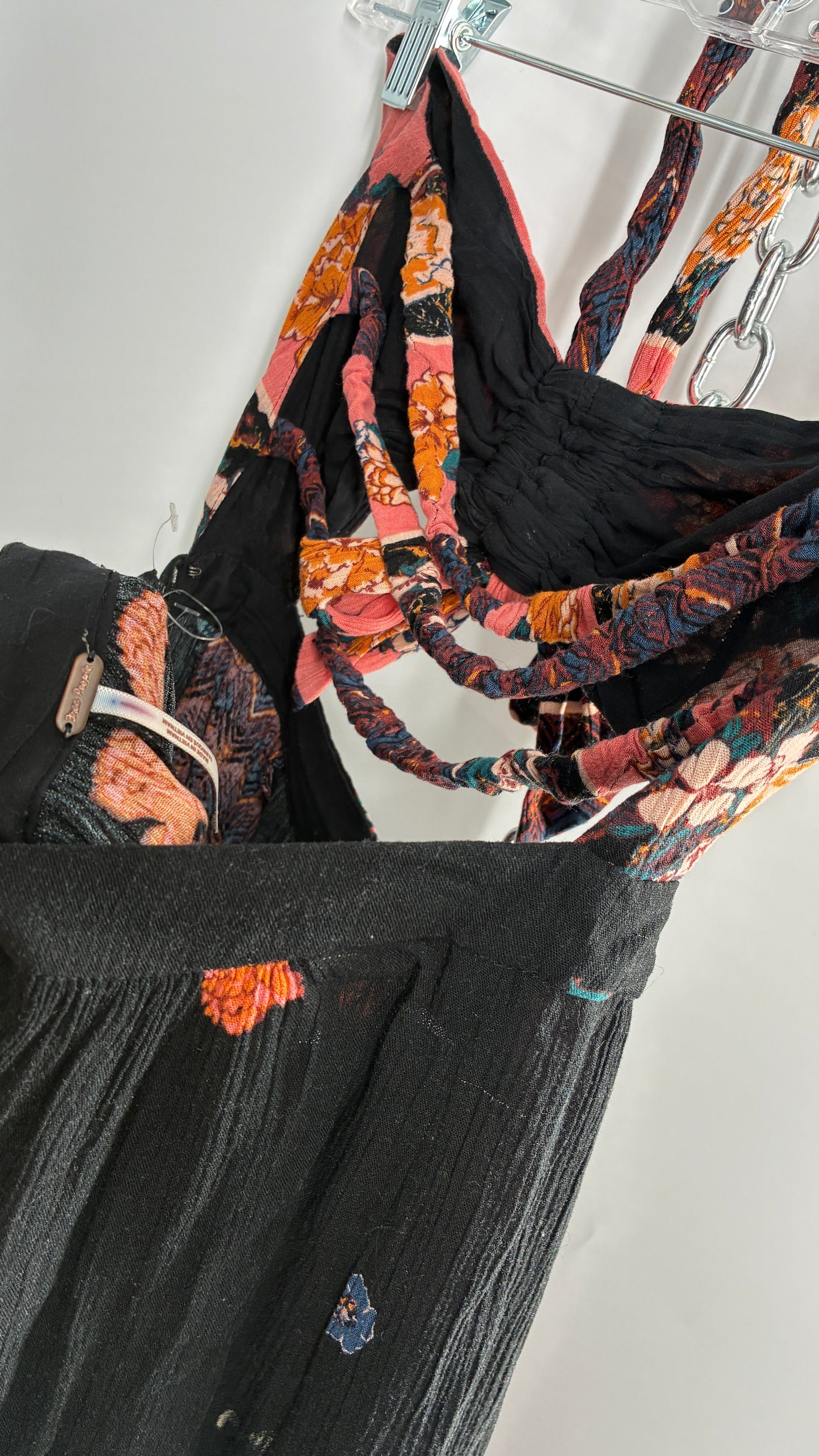 Free People Wide Leg Black Jumpsuit with Contrast Florals (Small)