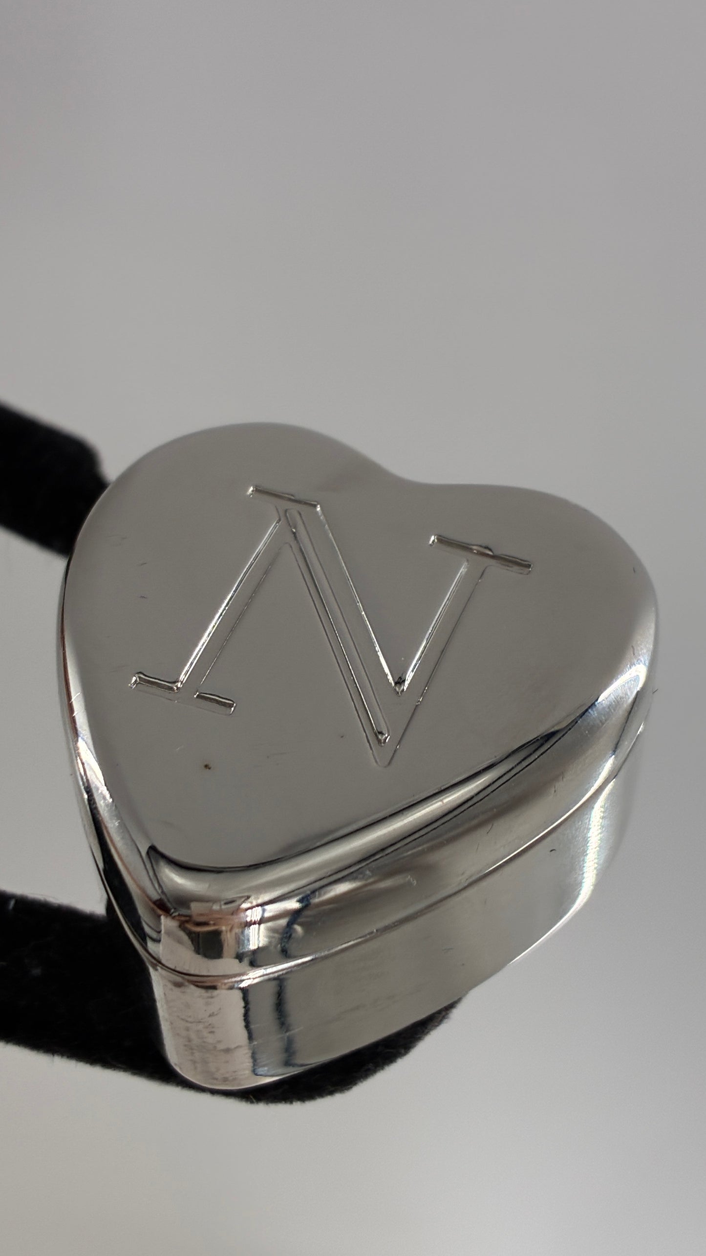 Vintage Mongram “N” Engraved Heart Shaped Silver Ring Box