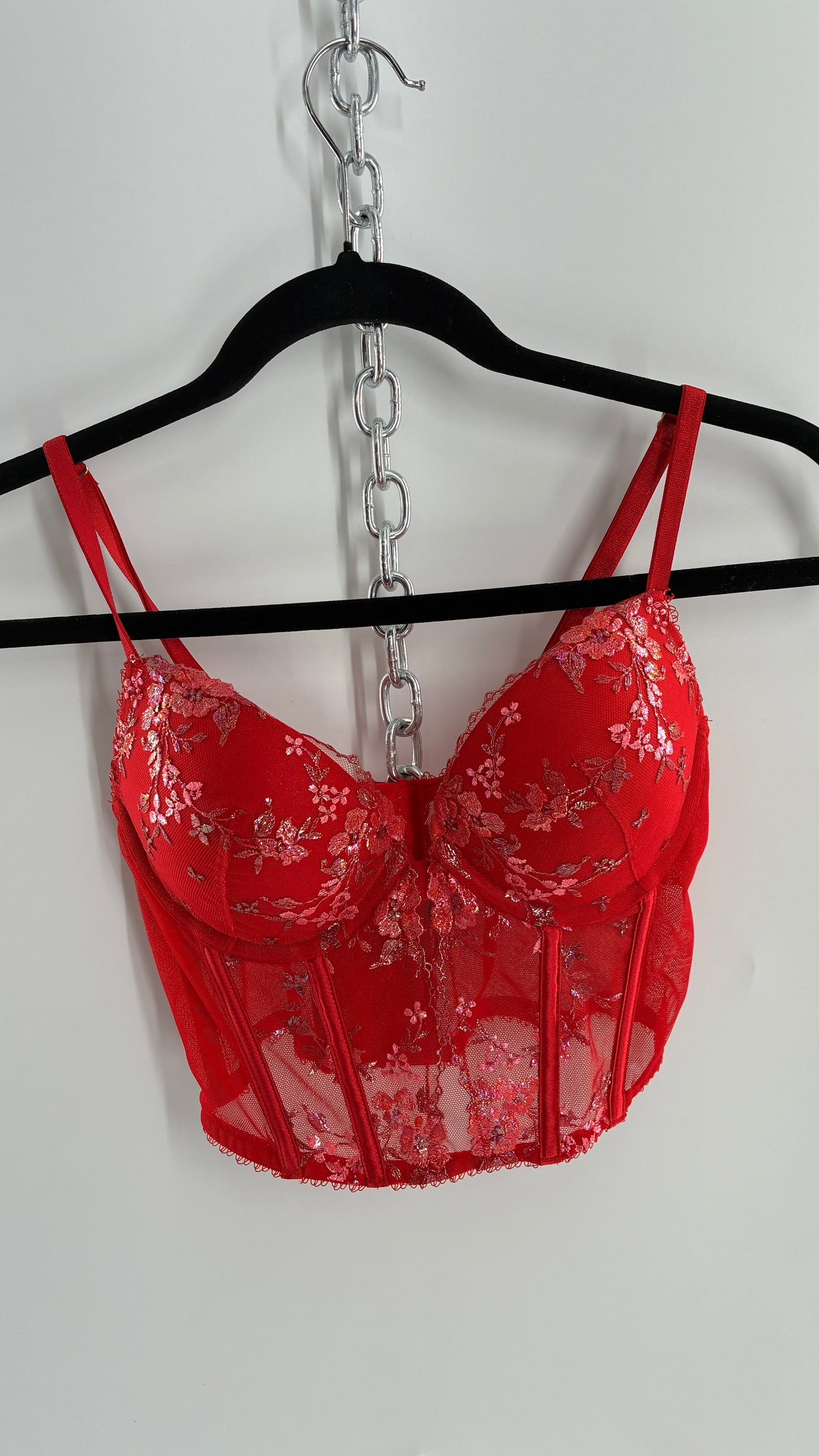 Vintage Red Corset with Iridescent Floral Lace and Padded Bust (32C/Small)