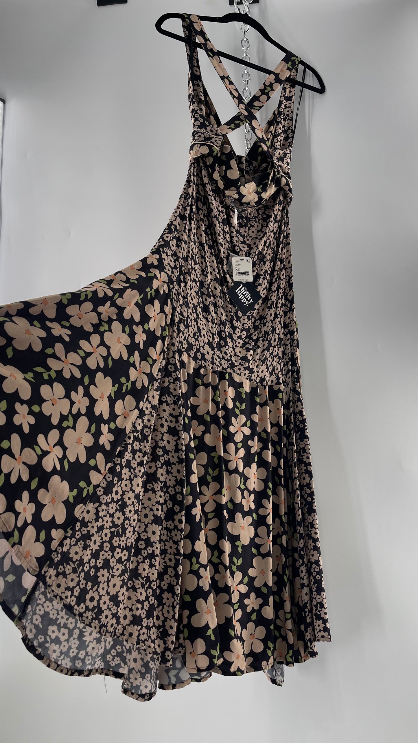 Free People Daisy Mixed Pattern Black/Beige Button Front Full Length Dress (XS)