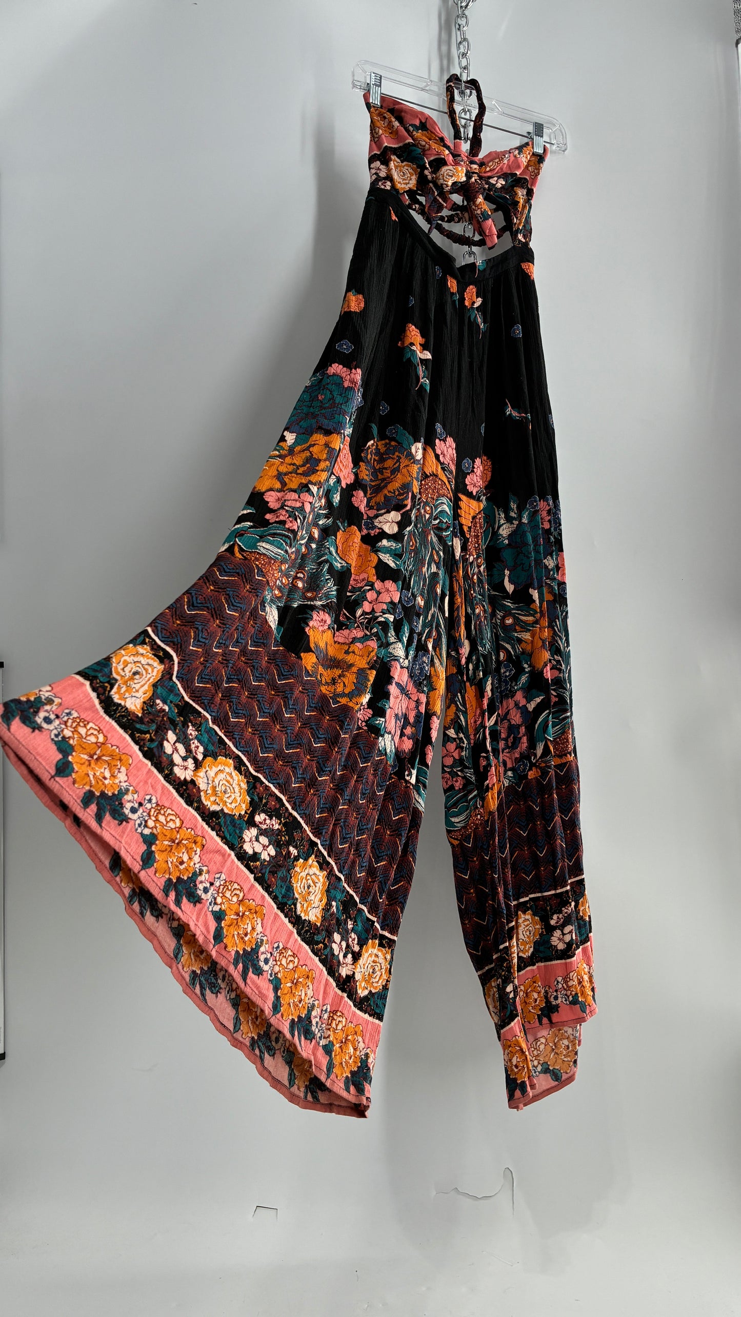 Free People Wide Leg Black Jumpsuit with Contrast Florals (Small)