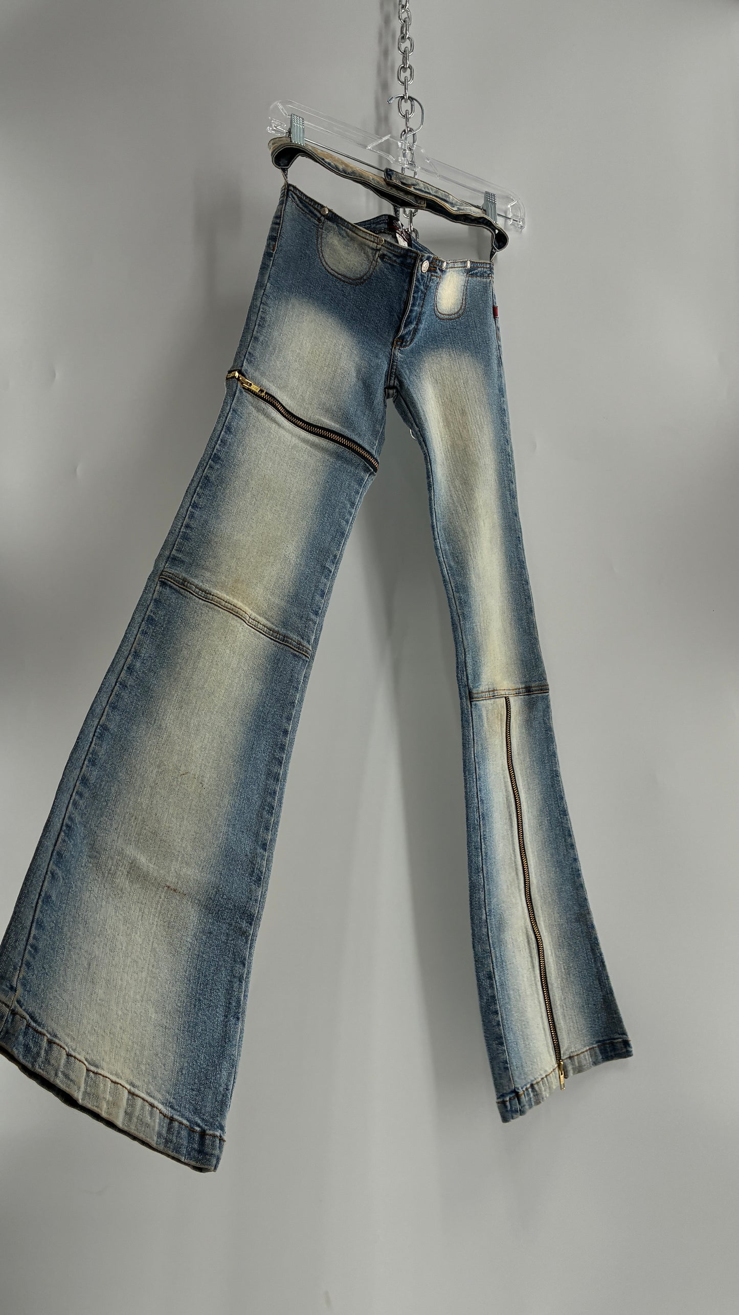Vintage XCESO JEANS Rare Faded Double Waistband Kickflare Jeans with Functional Zipper Details (Medium*)