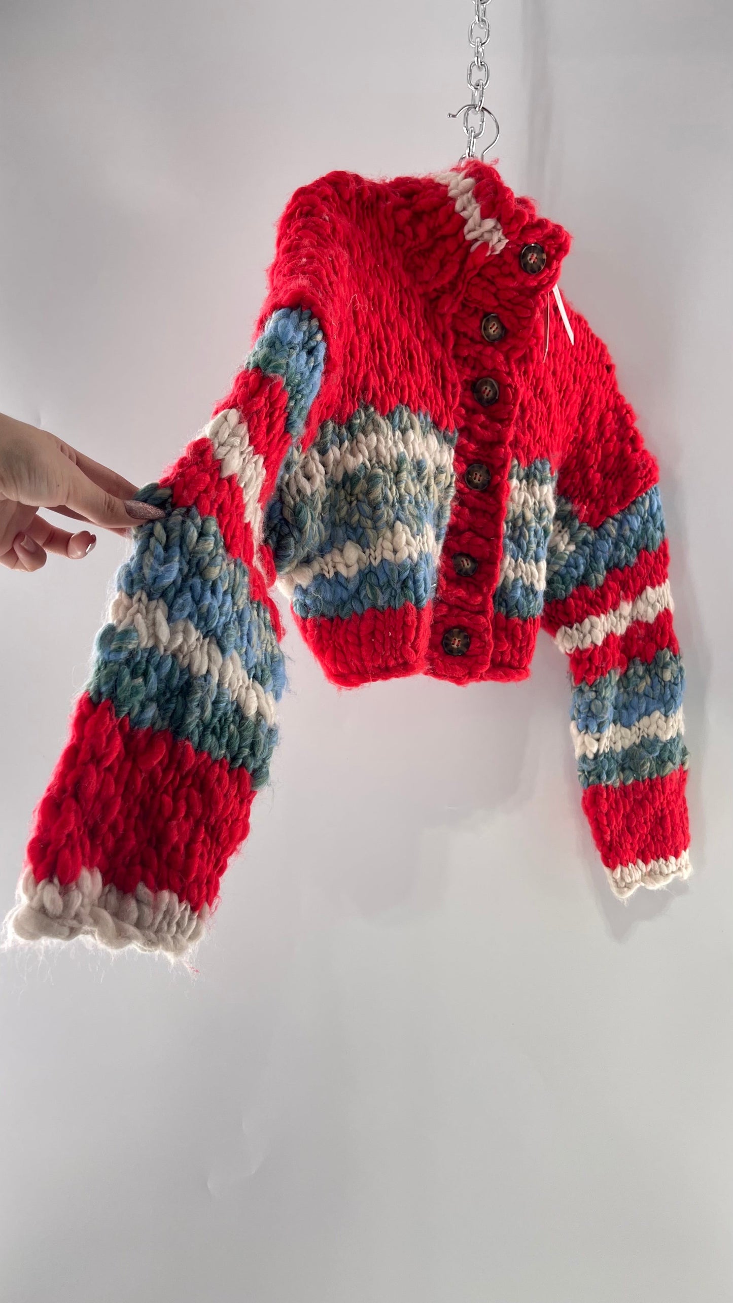 BDG Urban Outfitters Thick Knit Red White Blue Chunky Cropped Striped Cardigan (XS)