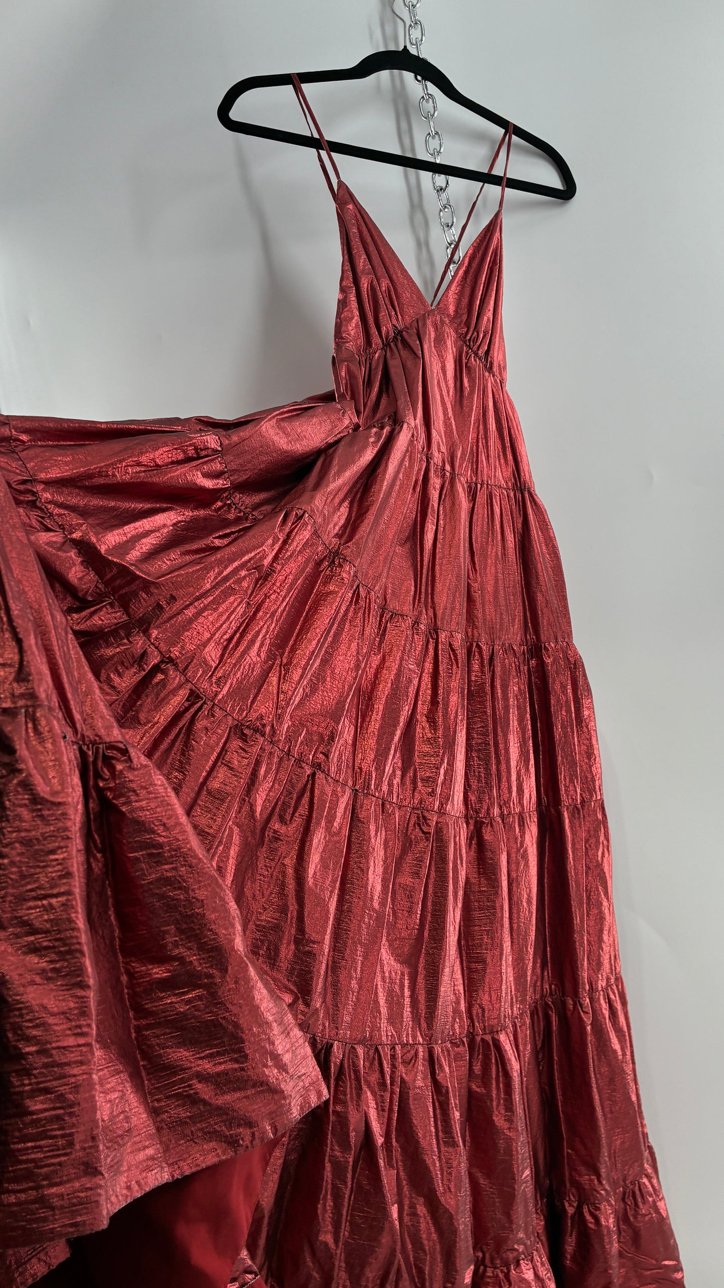 HUTCH Red Metallic Tiered Voluminous Maxi Gown (XS)