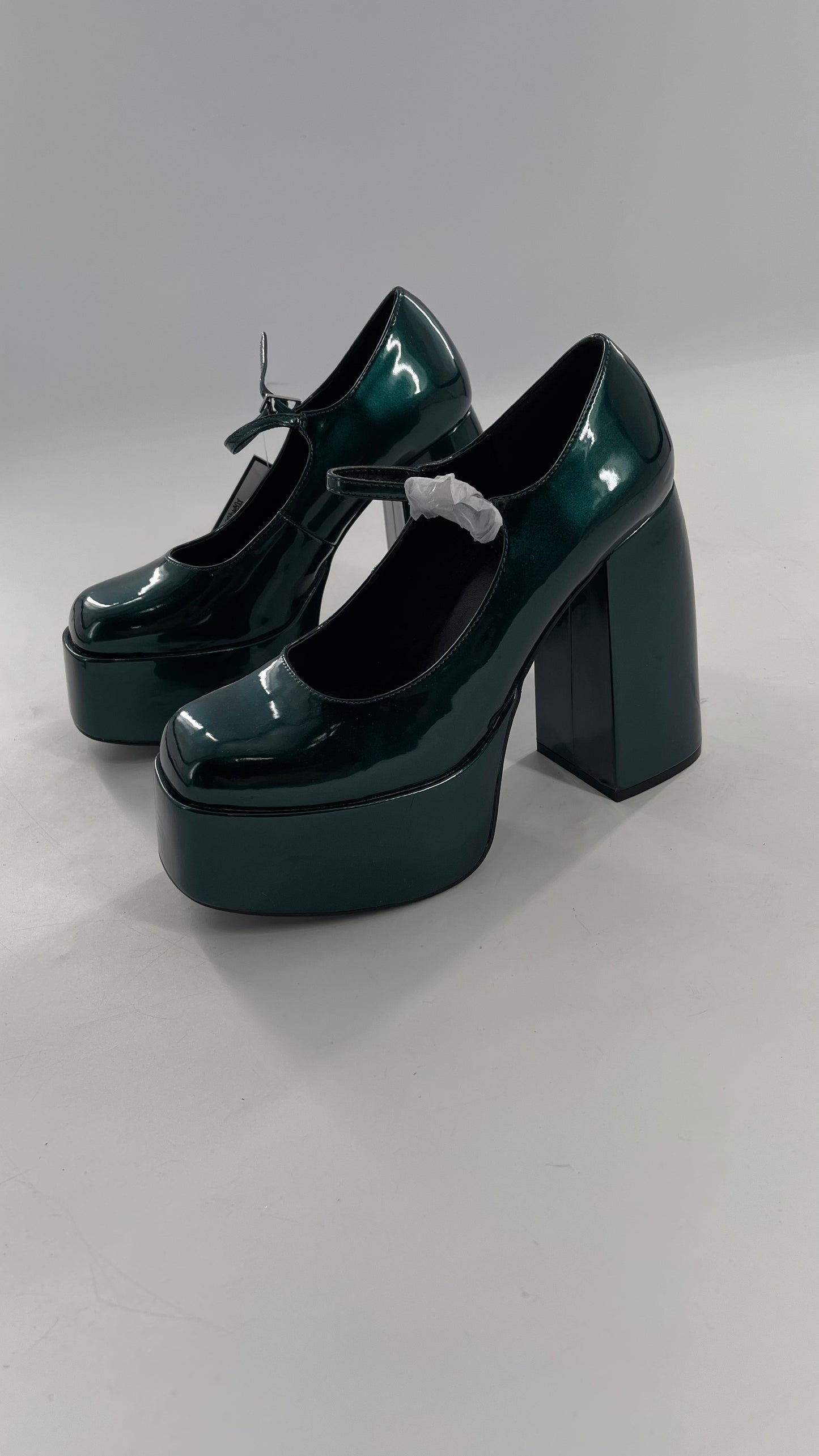 KOI FOOTWEAR Patent Emerald Green Platform Chunky Heel Mary Janes (9/39)