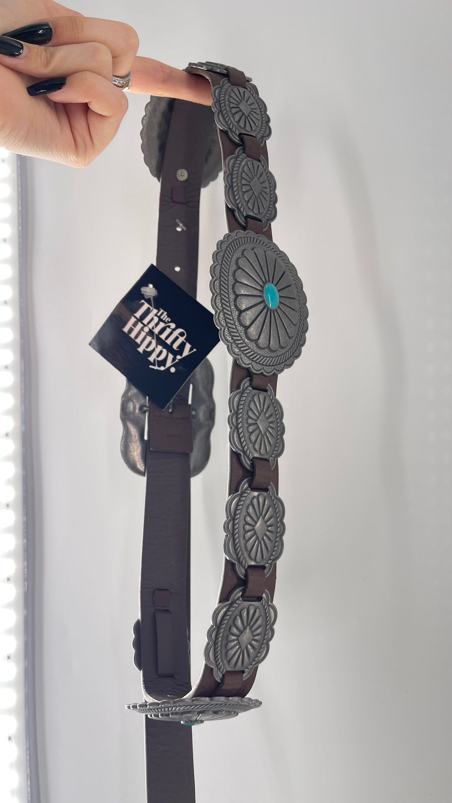 Free People Brown Leather Belt with Heavy Duty Metal Engraved (Small)