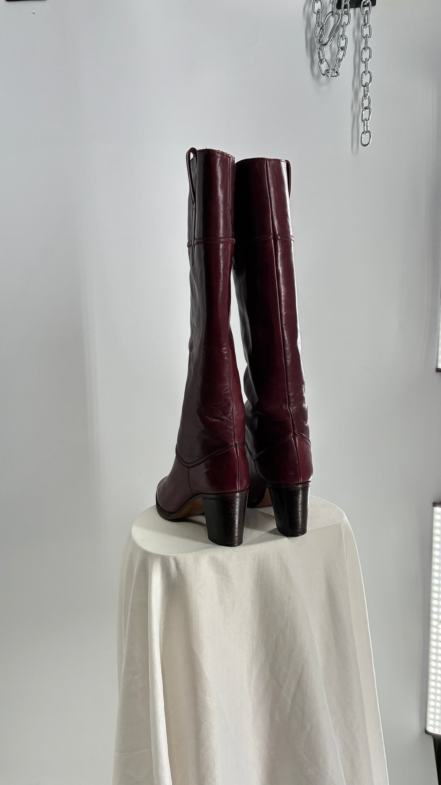 Vintage Red Leather Round Toe Knee High Boots Made in Spain Boots (38)
