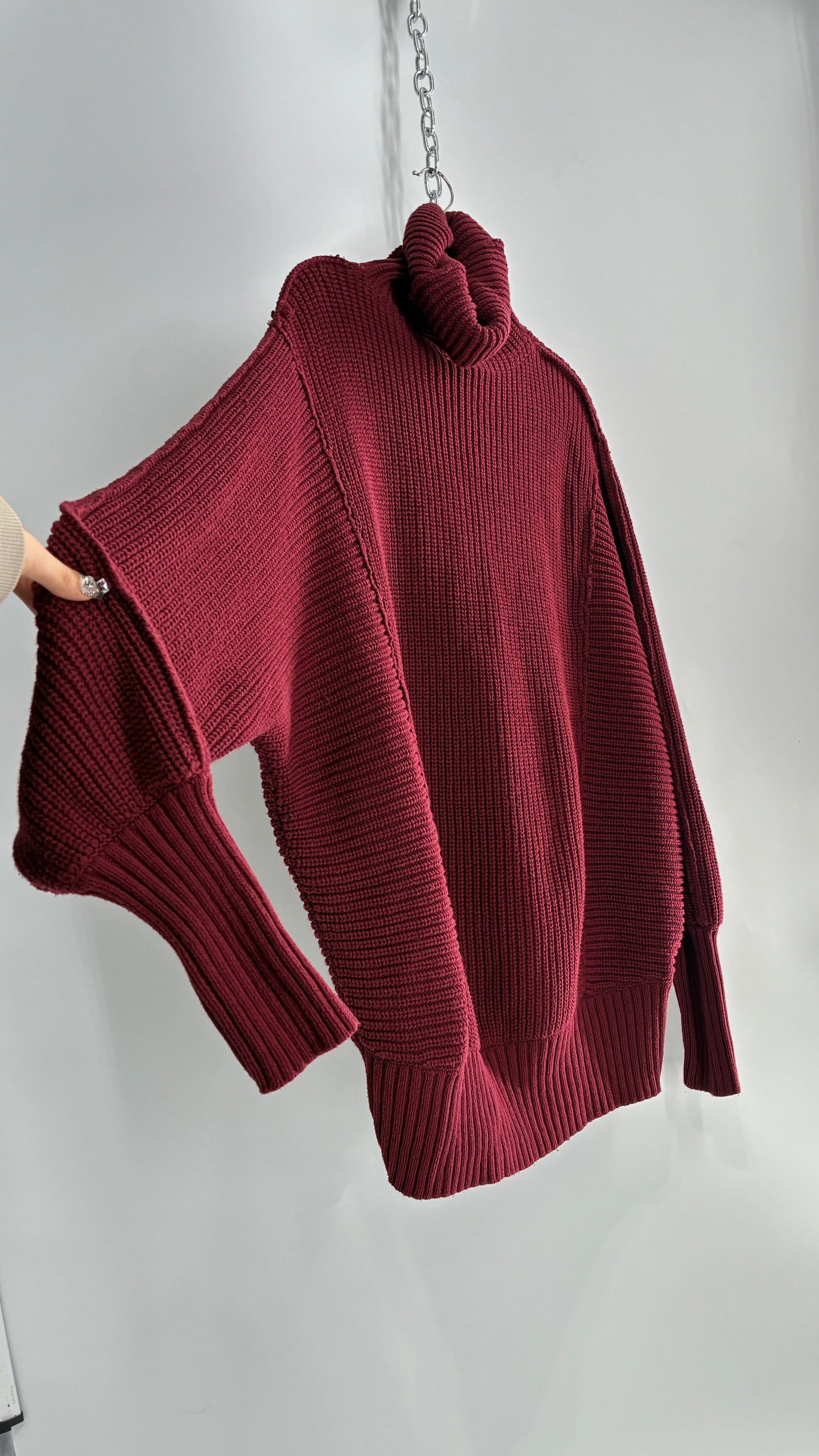Free People Oversized Heavy Thick Knit Maroon Turtle Neck Sweater (Large)