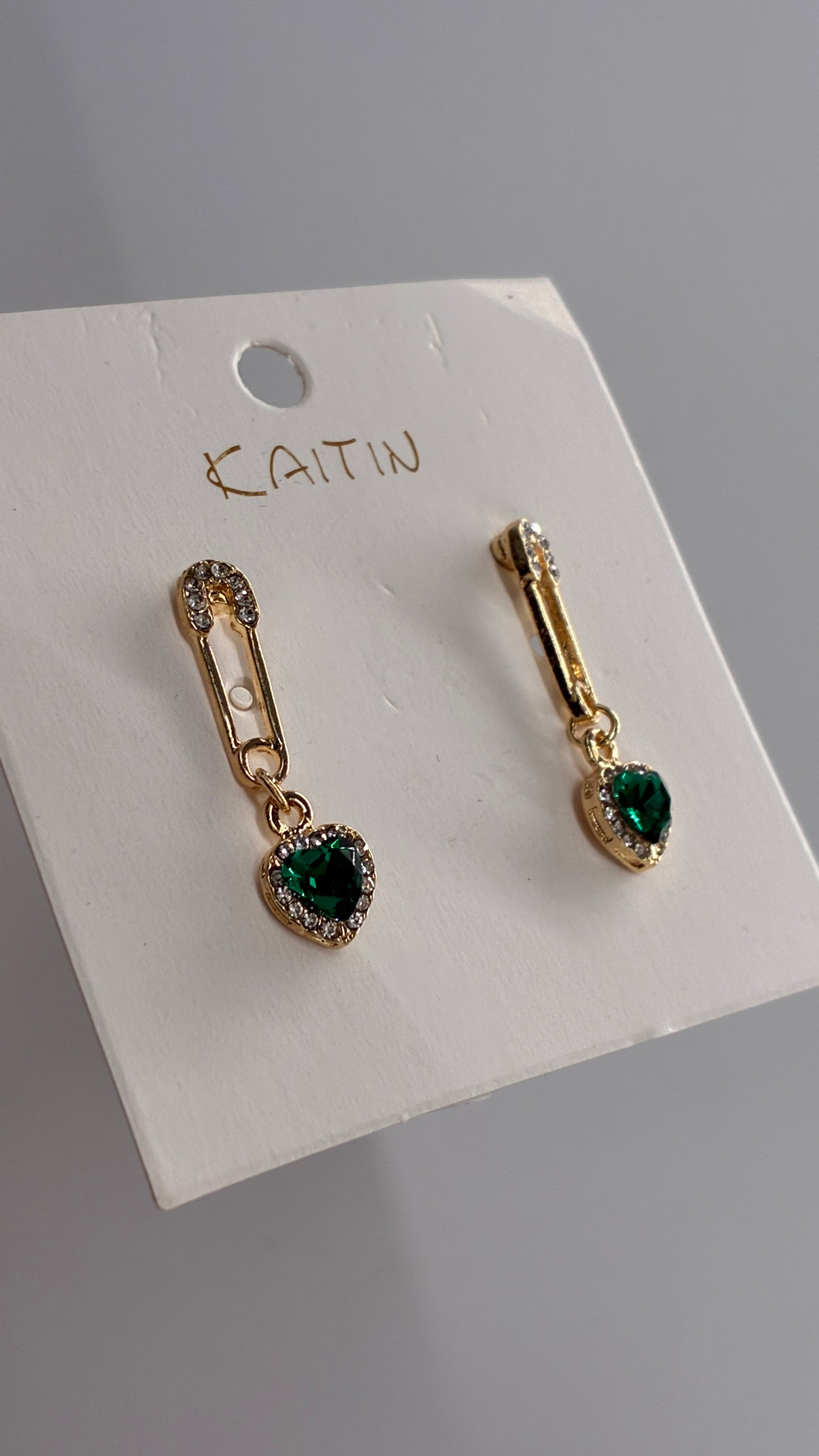 Gold Safety Pin Earring with Green Heart Stone Pendent