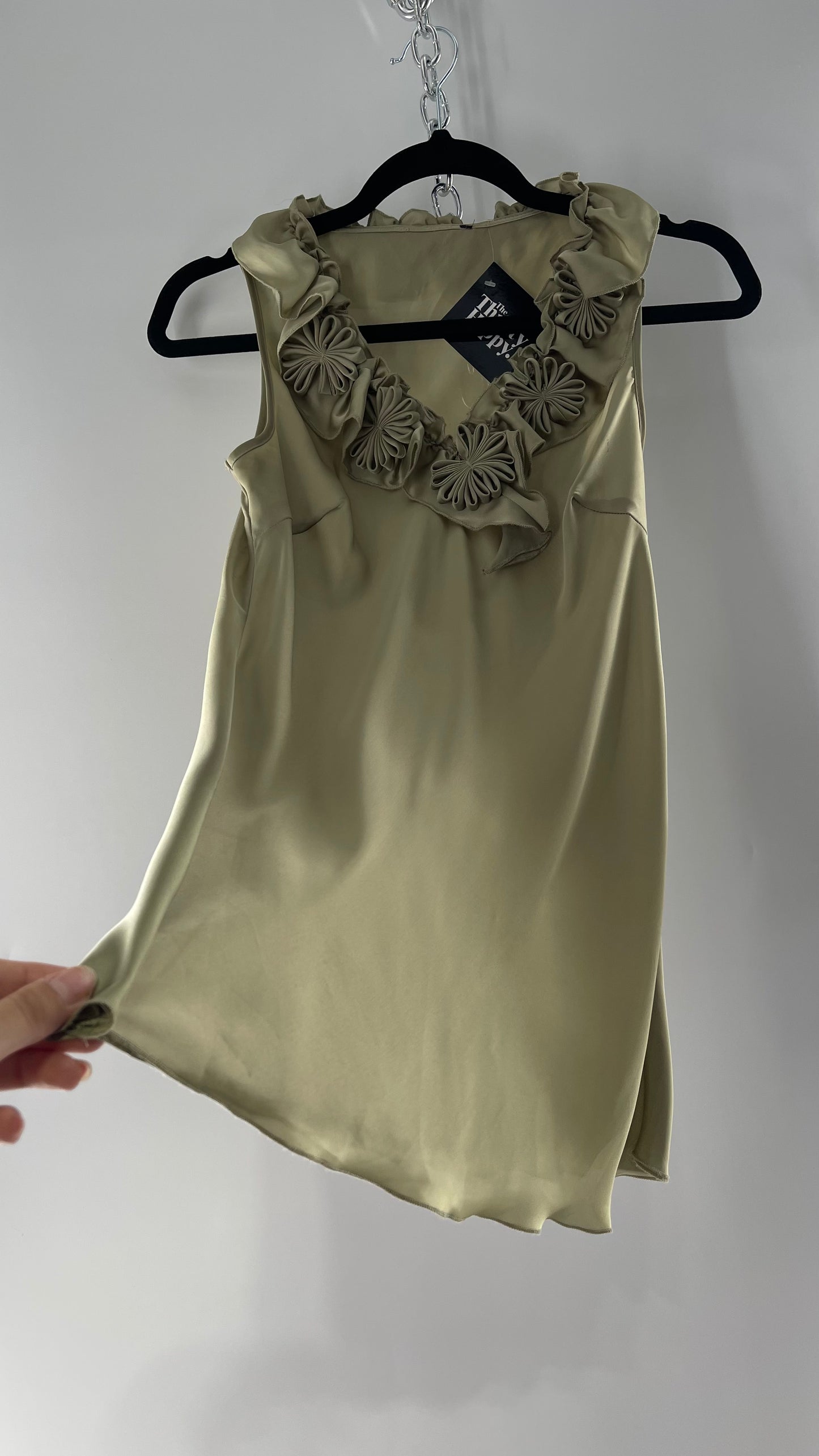 Sage Green Silky Sleeveless Tunic with Rosettes (Medium)