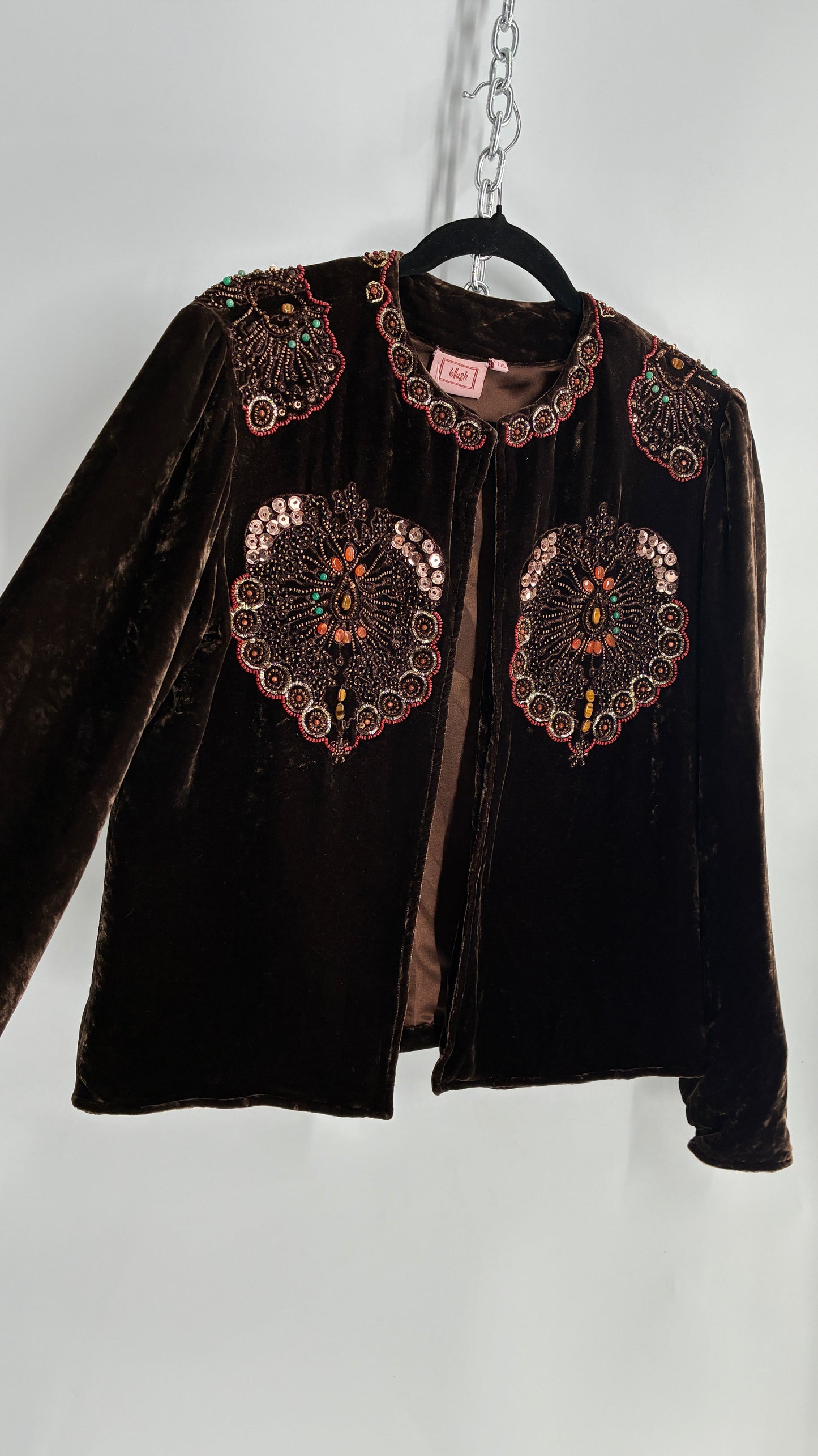 Blush Vintage BLUSH Brown Velvet Beaded and Embroidered Jacket (L/XL)