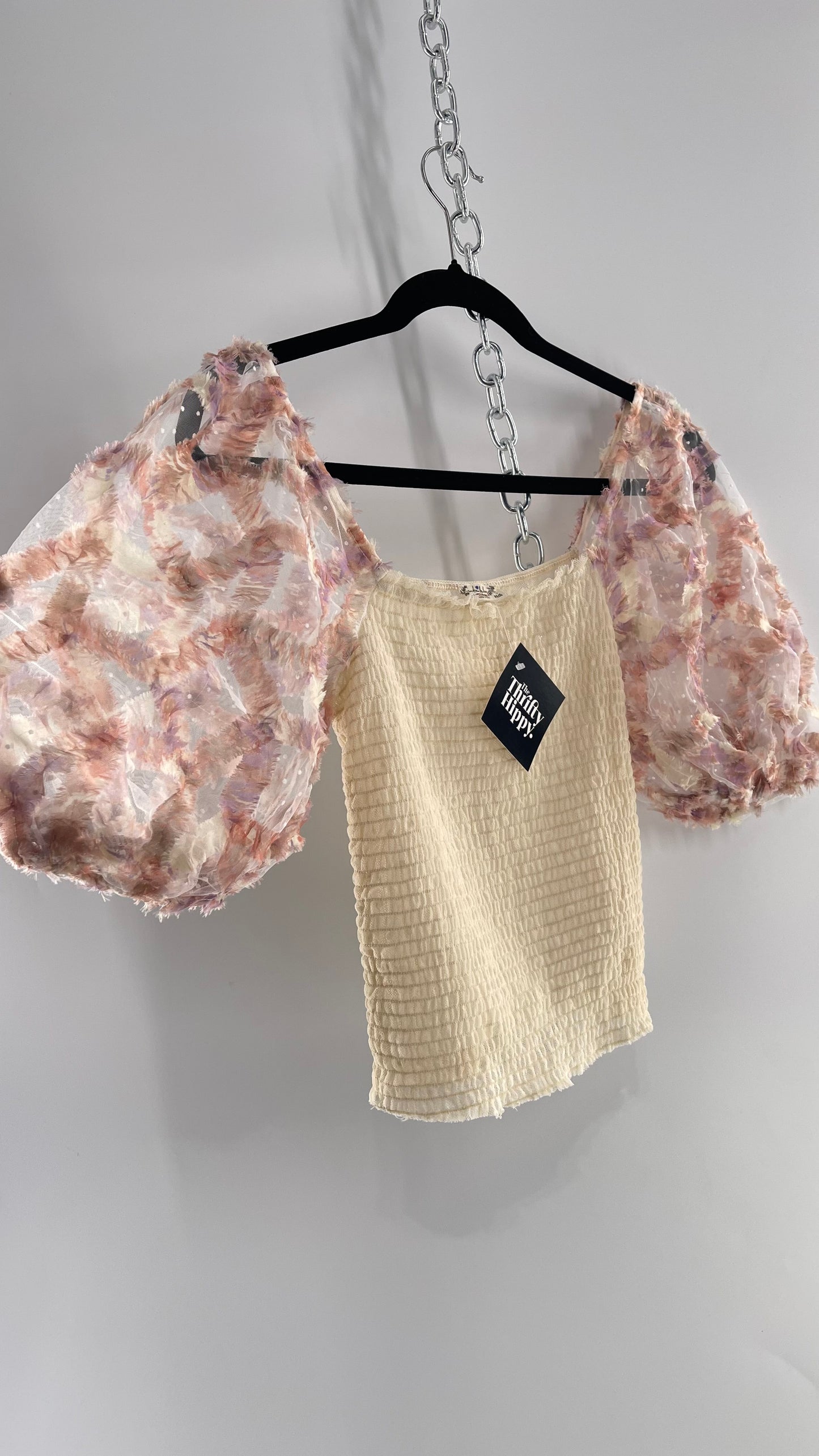Free People Flower Girl Delicate Romantic Puff Sleeve Top with Smocked Mesh Body (Small)