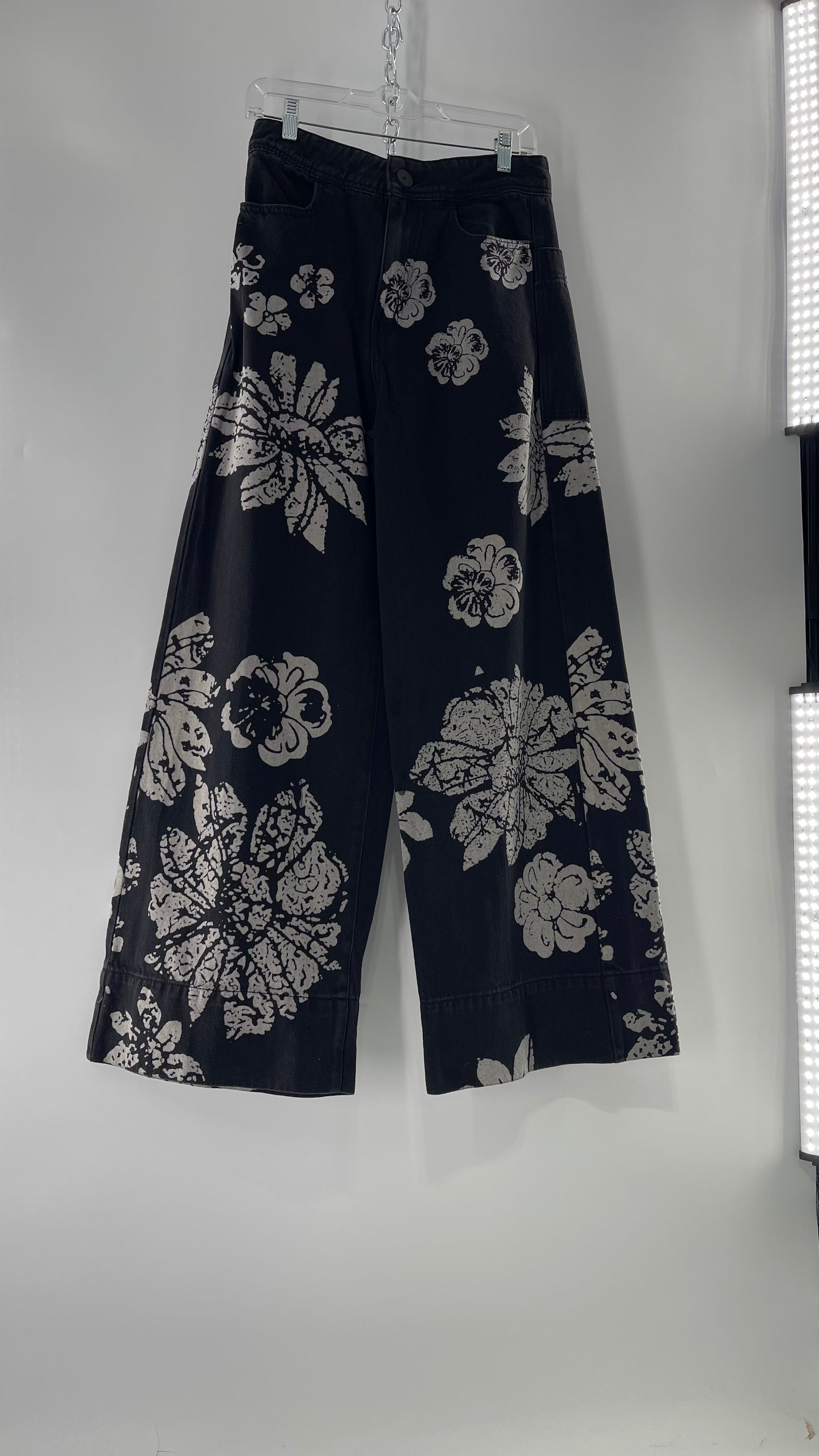 Free People Black Wide Leg Jeans with White Hibiscus Floral Design (29)