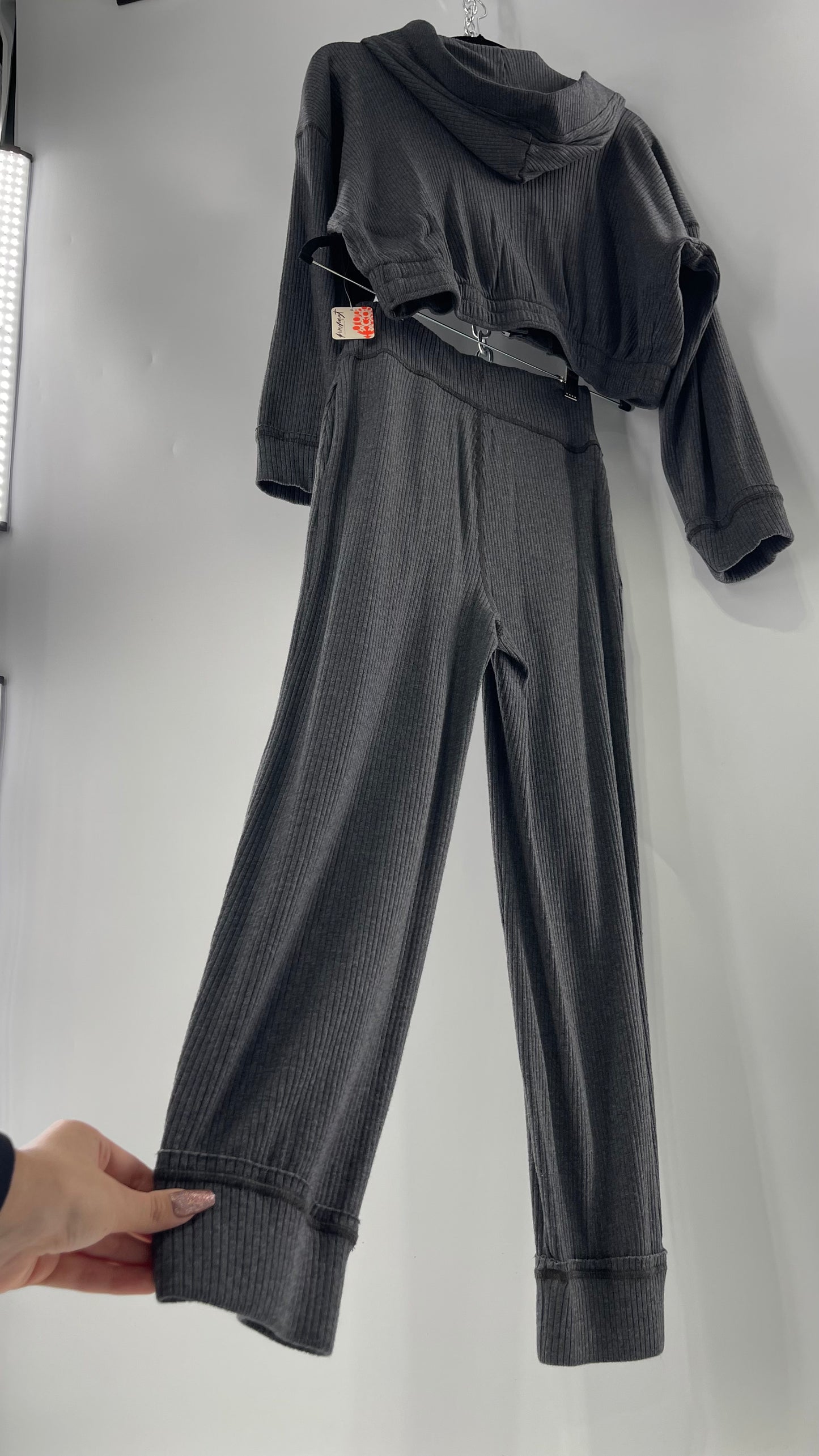 Free People Charcoal Slate Gray 2 Piece Set with Cropped Hoodie and Jogger Sweats with Tags Attached (XS)