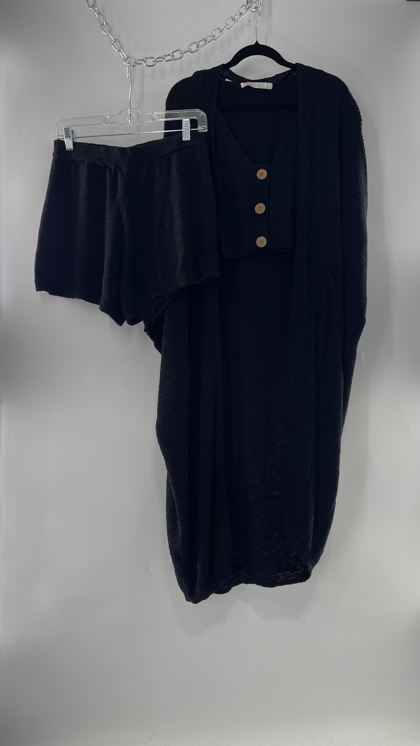 Free People Kai 3 piece Black Knit Cardigan, Tank, Shorts Set with Extra Button Never Worn (Medium)