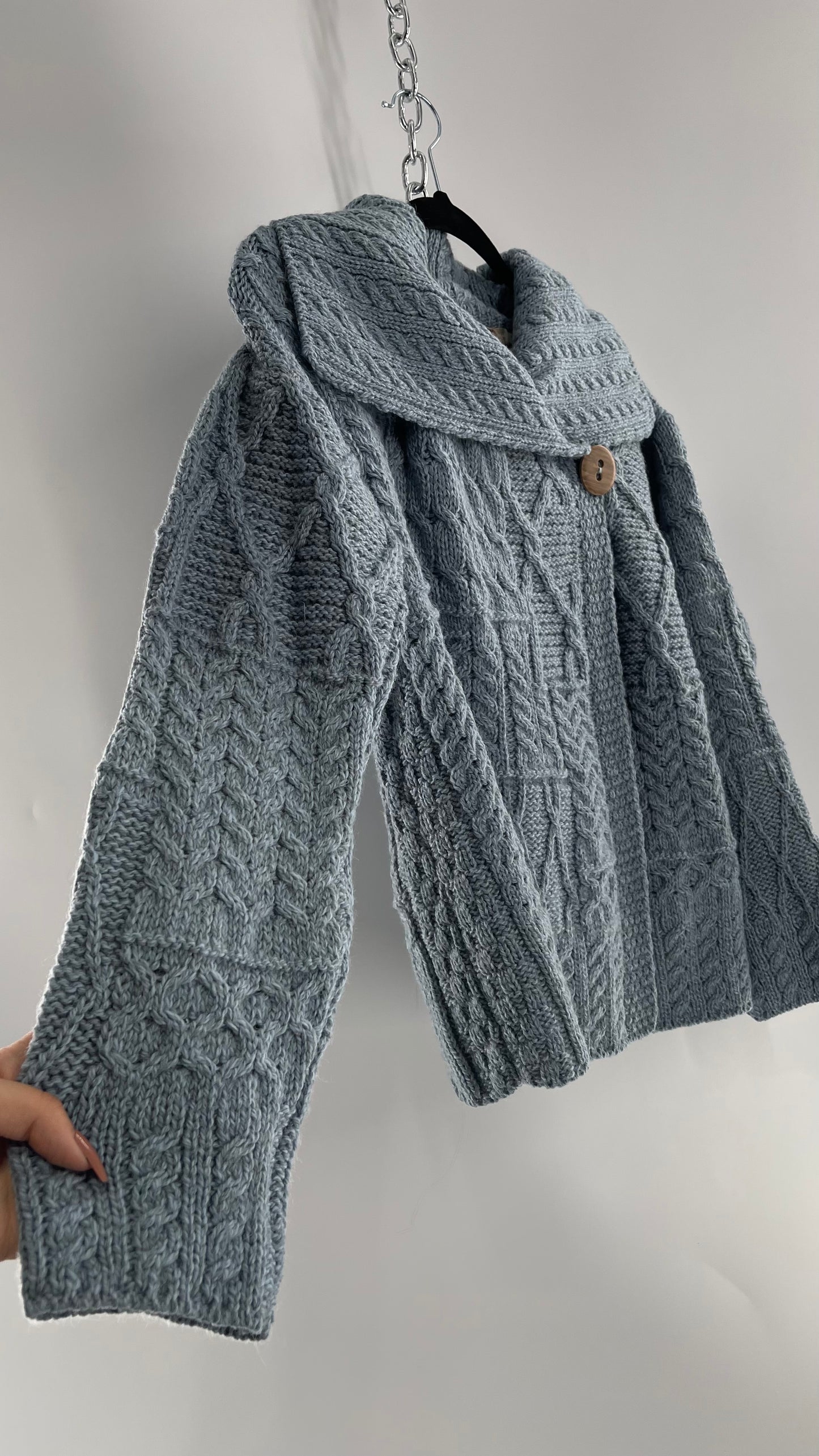 Authentic Irish Aran Sweater Market Slate Blue Aran Stitch Sweater with Oversized Wooden Button Detail and Certificate of Authenticity (Small)
