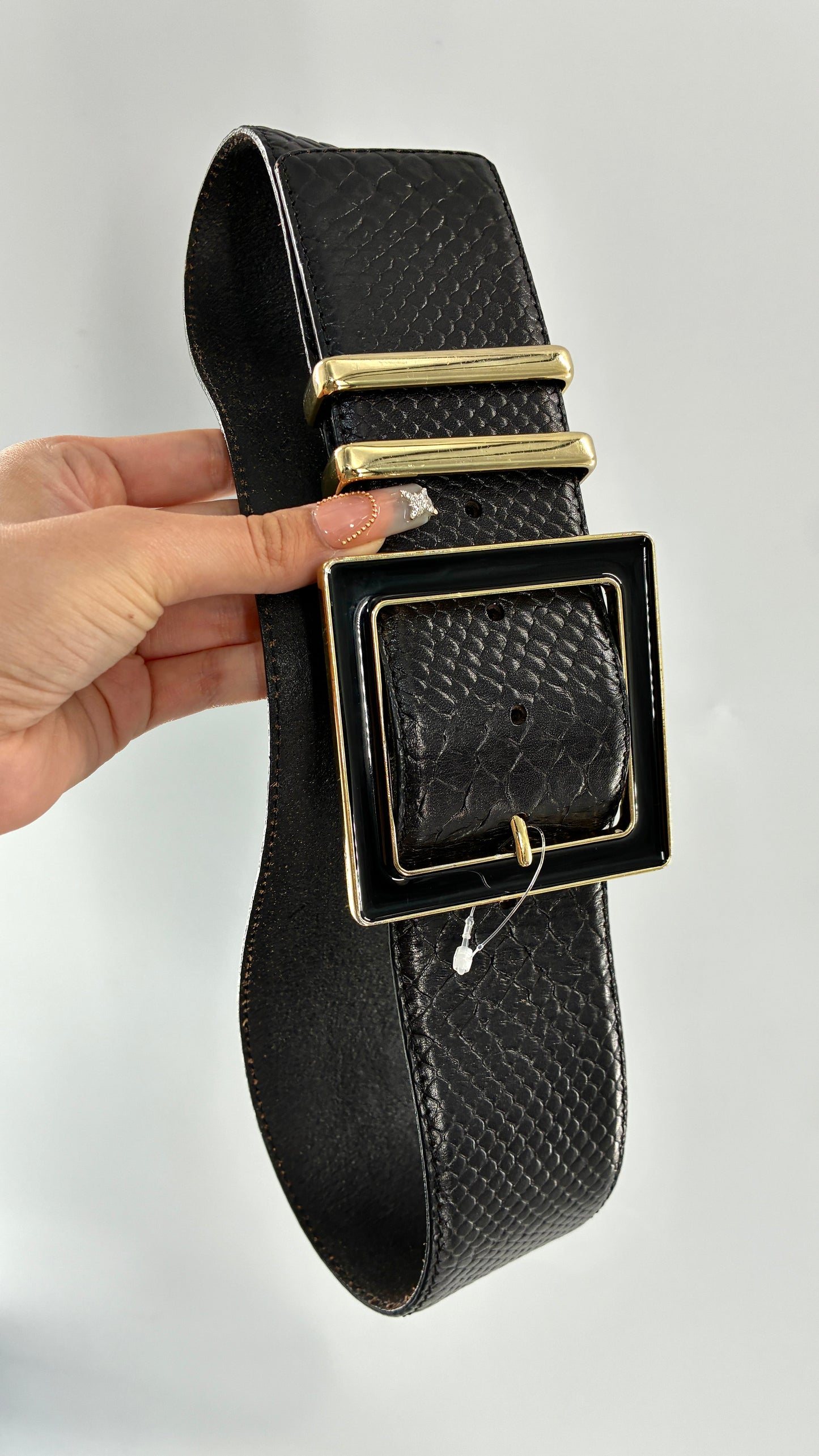 Vintage HIVE & HONEY Extra Wide Black Leather Belt with Oversized Square Buckle (Small)