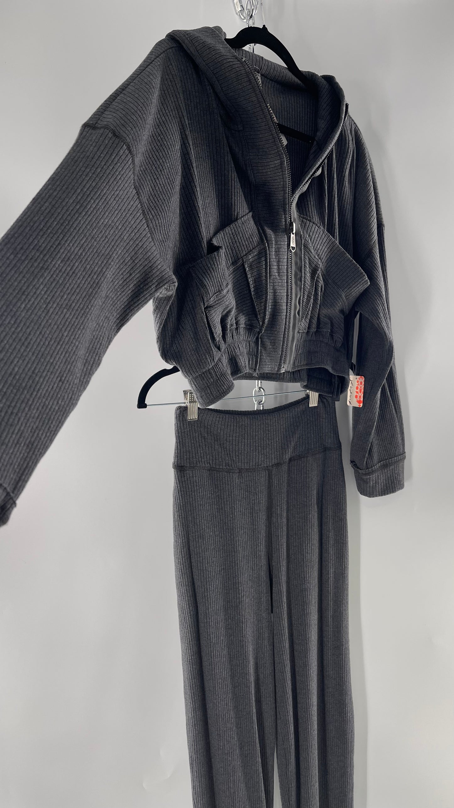 Free People Charcoal Slate Gray 2 Piece Set with Cropped Hoodie and Jogger Sweats with Tags Attached (XS)