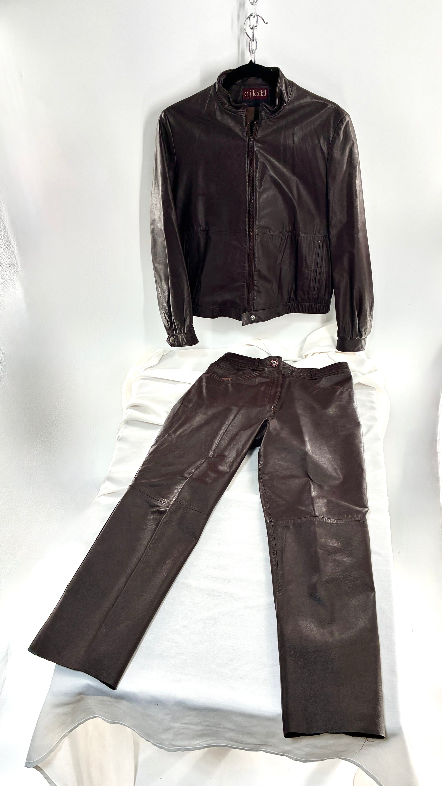 Vintage JORDACHE X CJ TODD Chocolate Brown Genuine Leather Trouser Moto Jacket Set (Small)