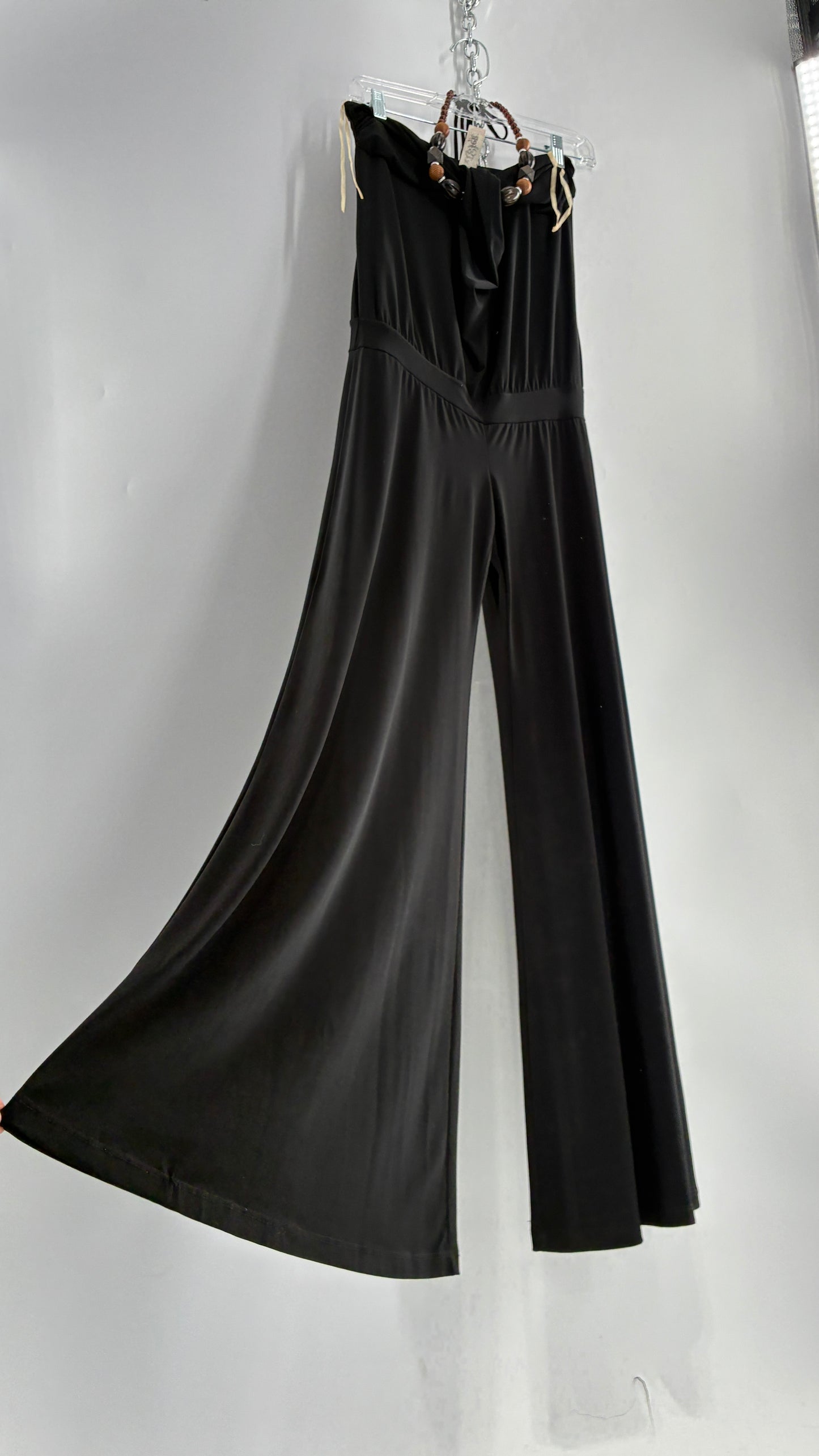 Vintage L8ter 1990s Black Drop Waist Wide Leg Jumpsuit with Beaded Choker Halter (Small)