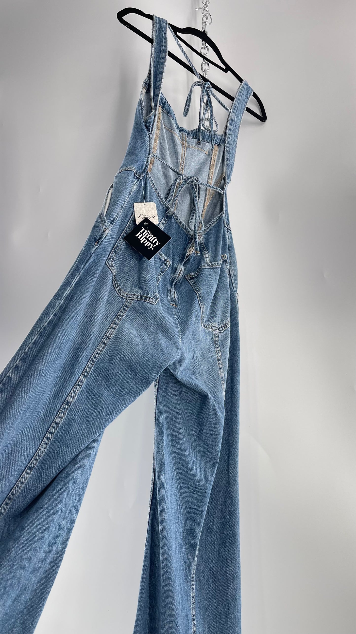 Free People Denim Backless Wide Leg Jumpsuit with Tags Attached (Small)