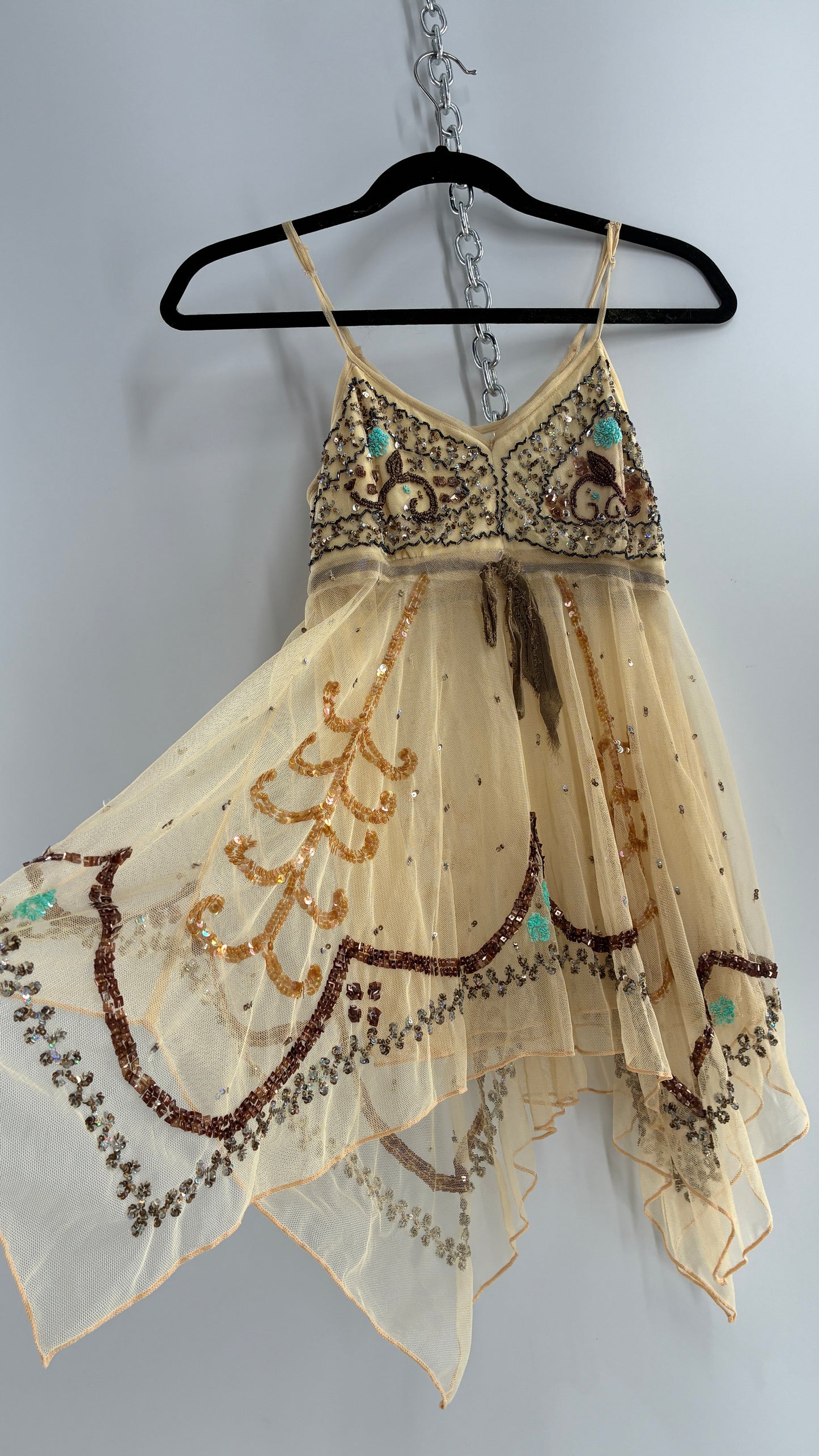 Handmade Beige Handkerchief Camisole with Hand Beaded Details (XS)