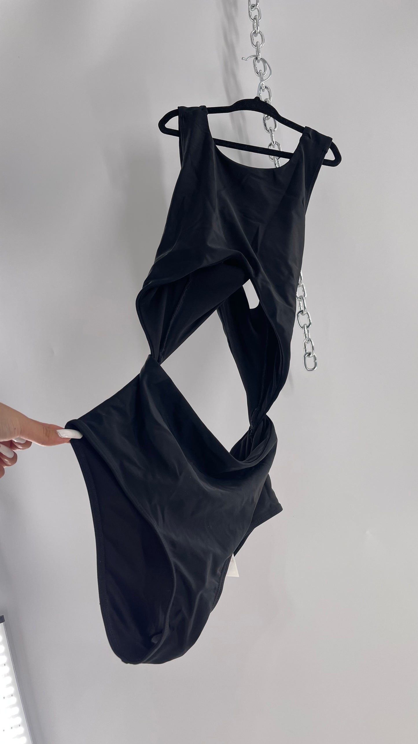 Lolli Swim Black Swimsuit with High Neck, Cross Over Back and Cut Outs (Medium)