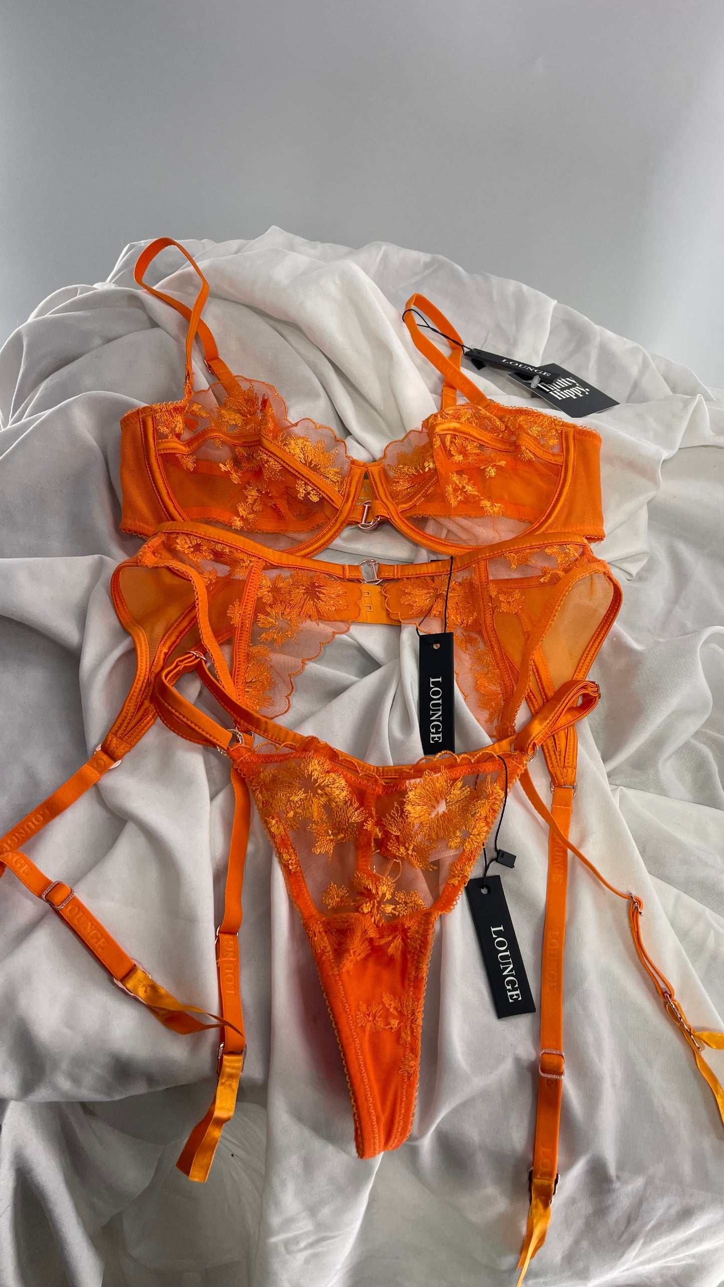 LOUNGE Orange Ava Bra, Garter and Panty Set with Tags Attached (32C, XS)