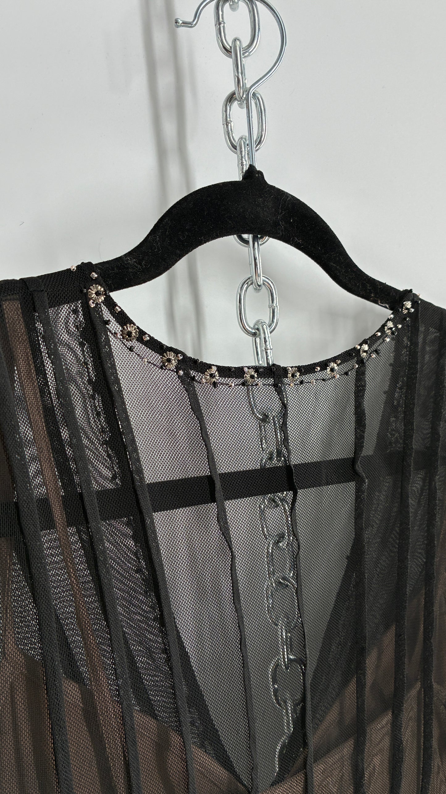ECI NEW YORK Nude Camisole Dress with Black Mesh Overlay and Beaded Details (8)