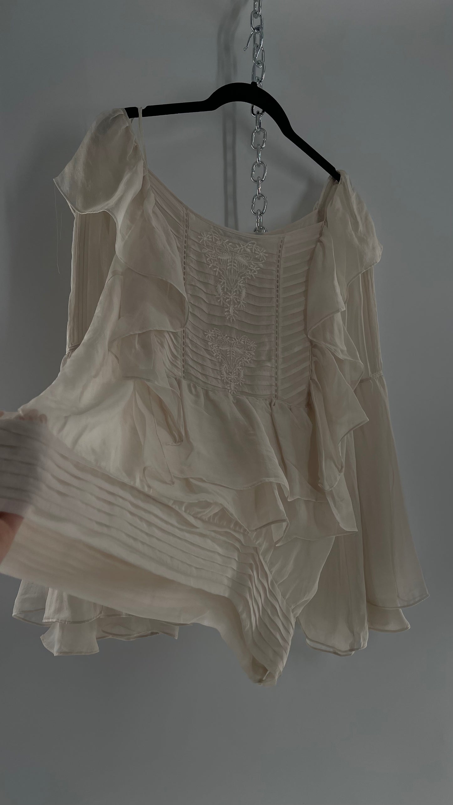ZARA Ruffled and Embroidered Bell Sleeve Blouse (Large)
