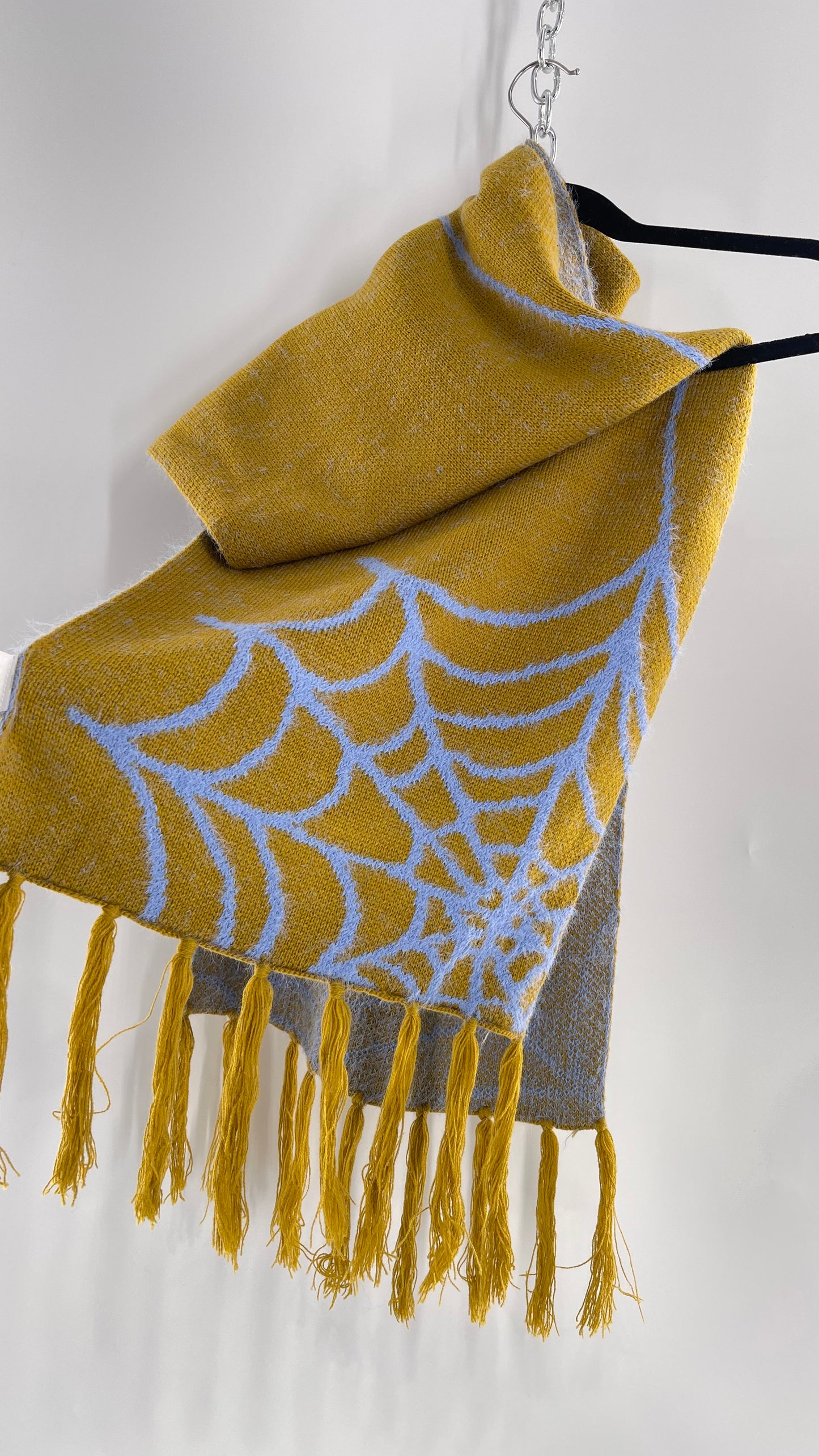 Free People Yellow Green Thick Knit Scarf with Powder Blue Spider Web Graphic