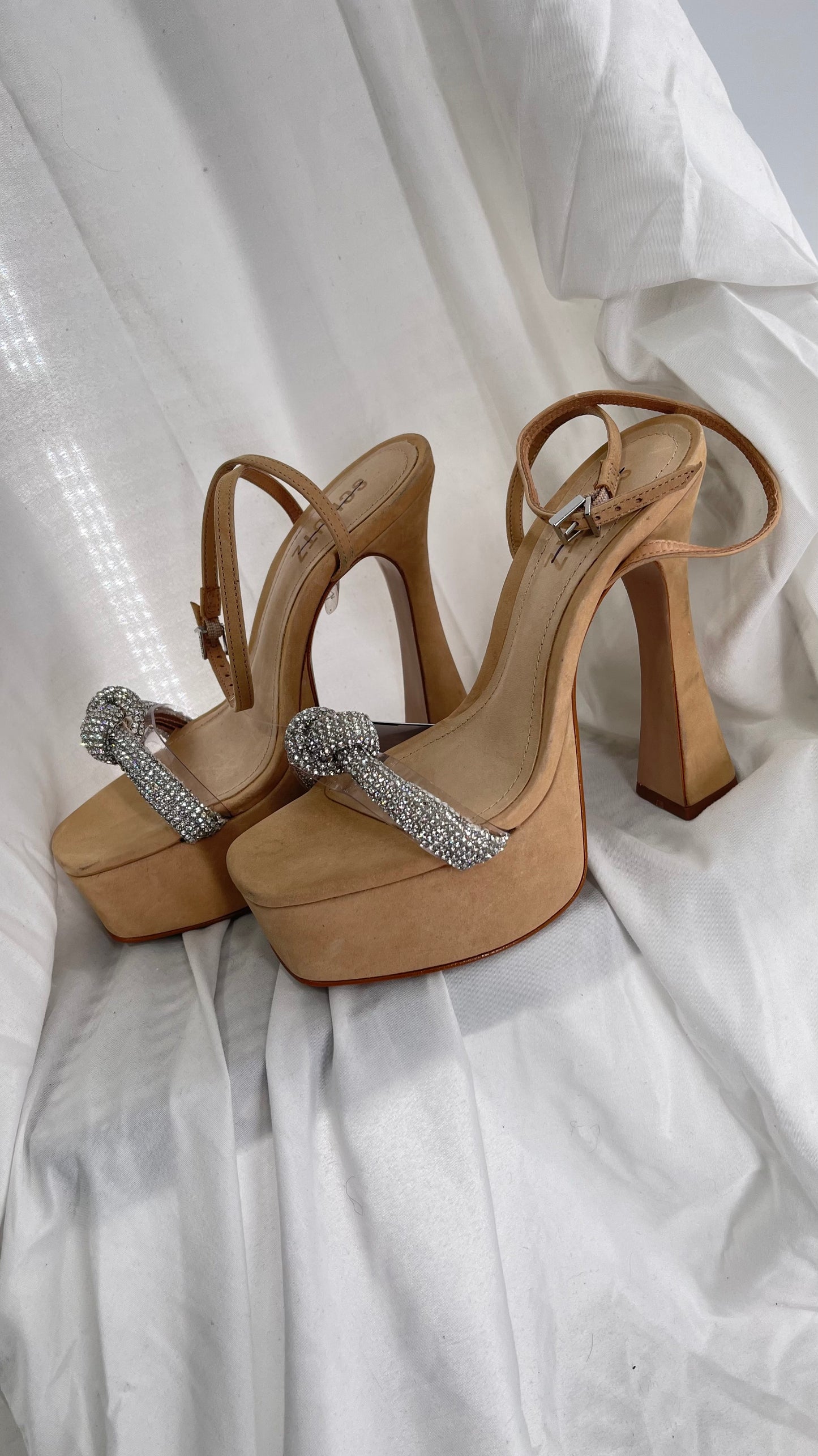 SCHÜTZ Peaky Beige/Tan/Nude Platform Heel with Funky Heel and Clear Knot Rhinestone Toe Strap (6)
