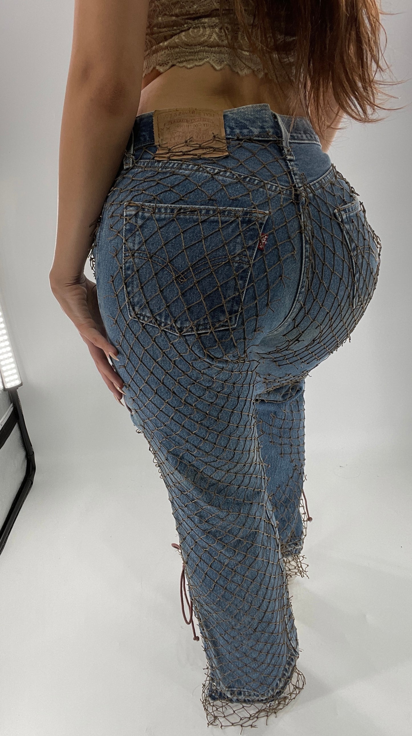 Custom - Fishnet Levi’s with Grommets and Lace Up Sides (Waist 29 Length 30) Fits Like a 26*