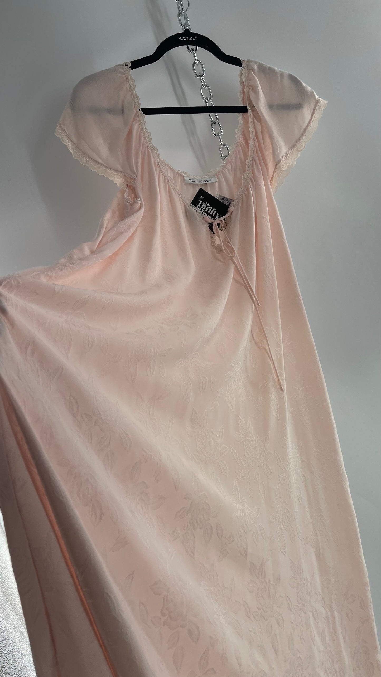 Vintage Christian Dior Pink Night Gown/ Maxi Dress with Floral Embossed Design, Lace Trim and Rosettes (Large)