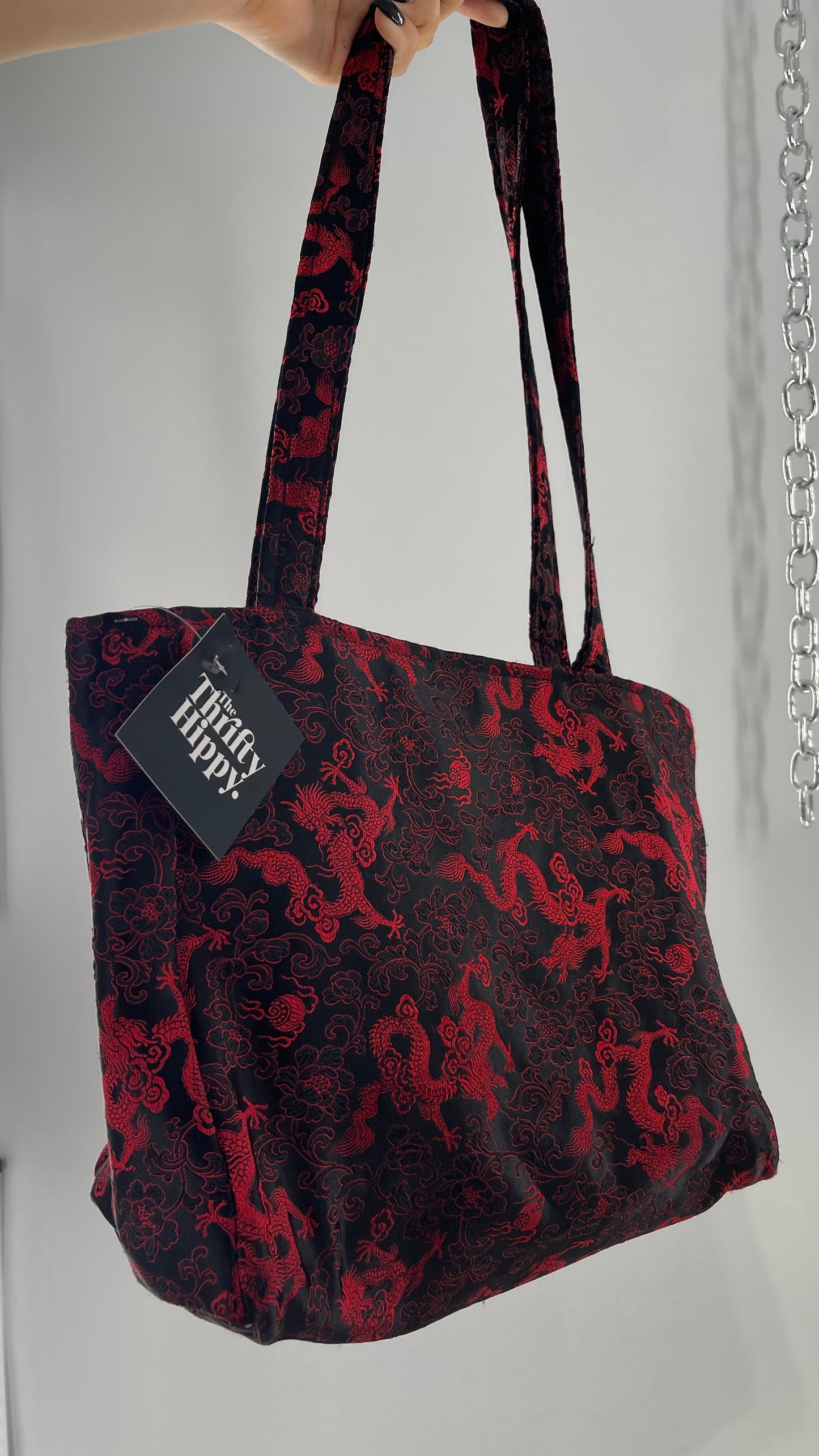Vintage Black Satin/Silky Tote with Red Dragon/Floral Embroidery