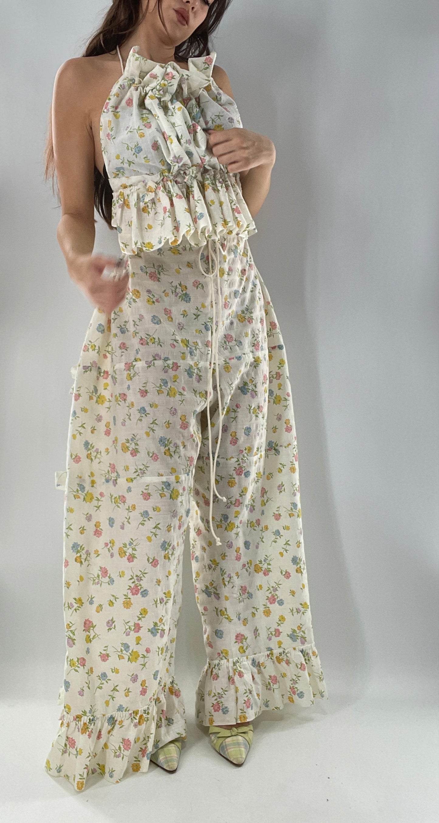 Vintage 2 Piece Floral Babydoll Set with Adjustable Top and Adjustable Pants Featuring Bow Sides and Ruffles Bum (One Size)
