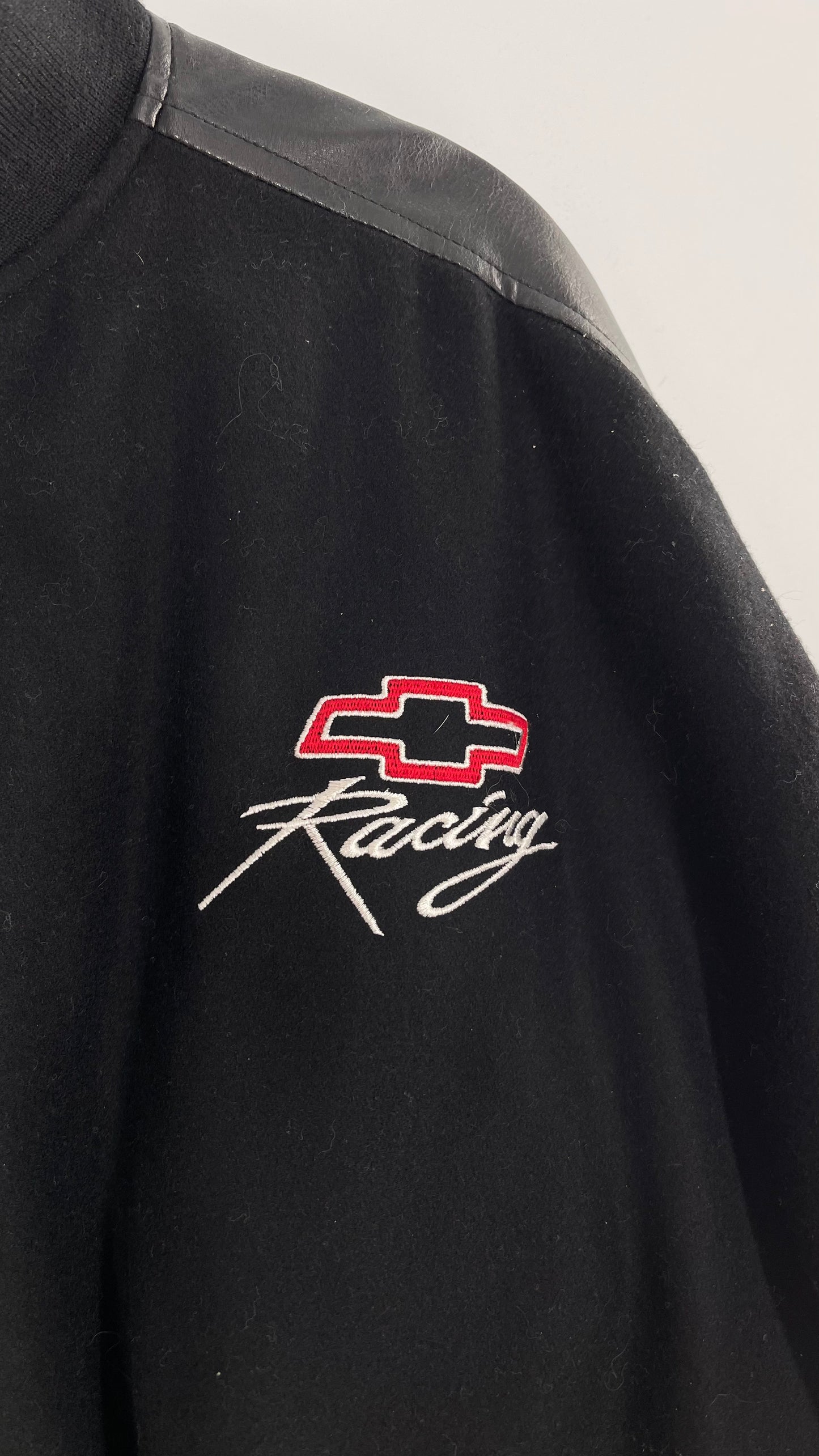 Vintage Chevy Racing Varsity Bomber Jacket with Red Logo Embroidery (Large)
