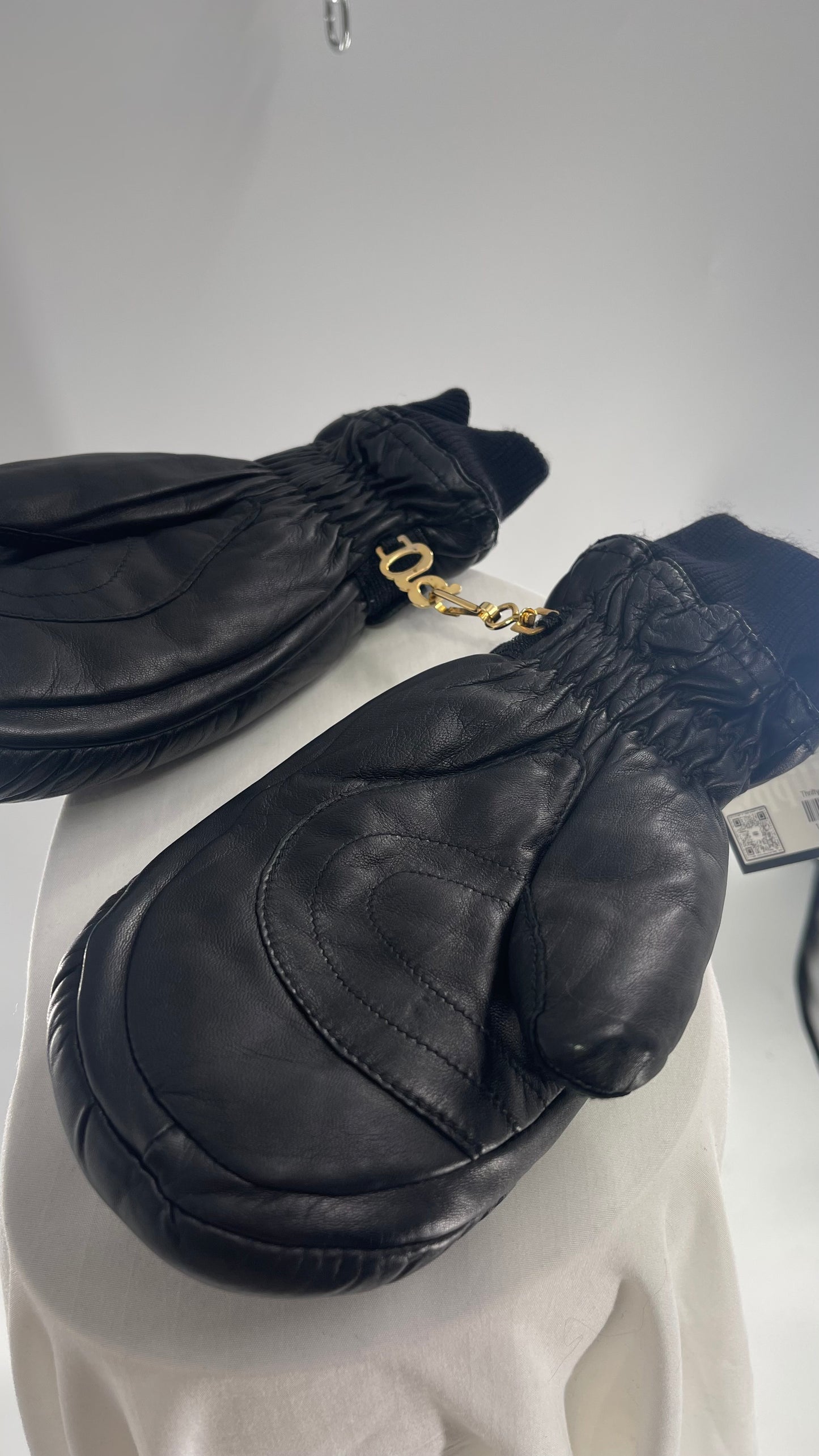 Grandoe Black Leather Mittens with Branding and Gold Logo Link