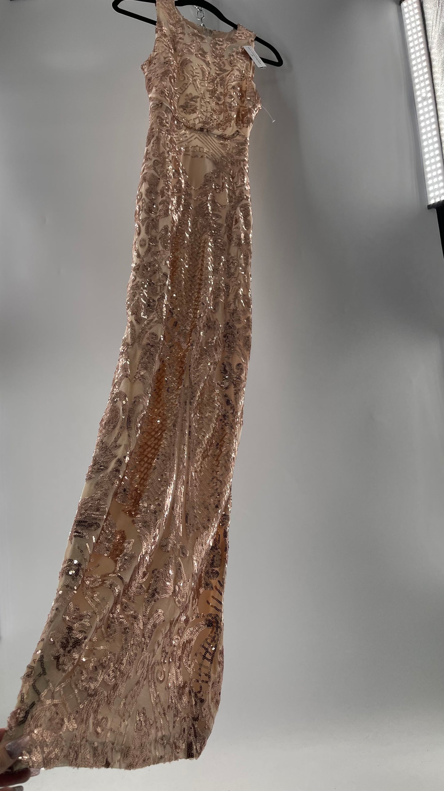 Windsor Rose Gold Sequin Maxi Dress with Side Slit Detail and Open Back (Small)