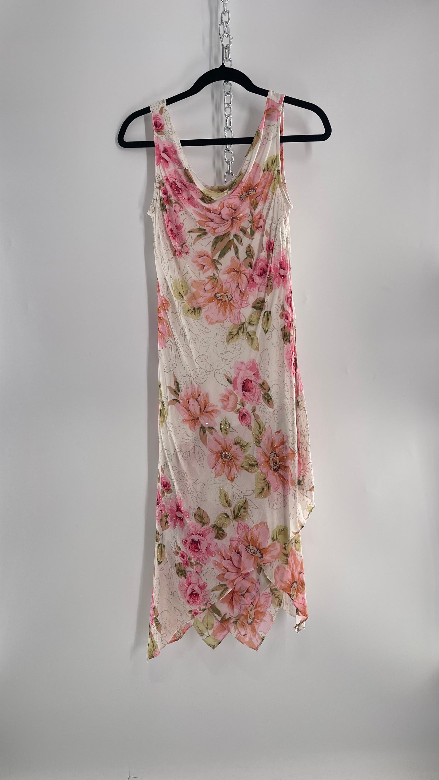 Vintage Eva Blue Pink Floral Draped Neck Sleeveless MIDI with Beading (10)