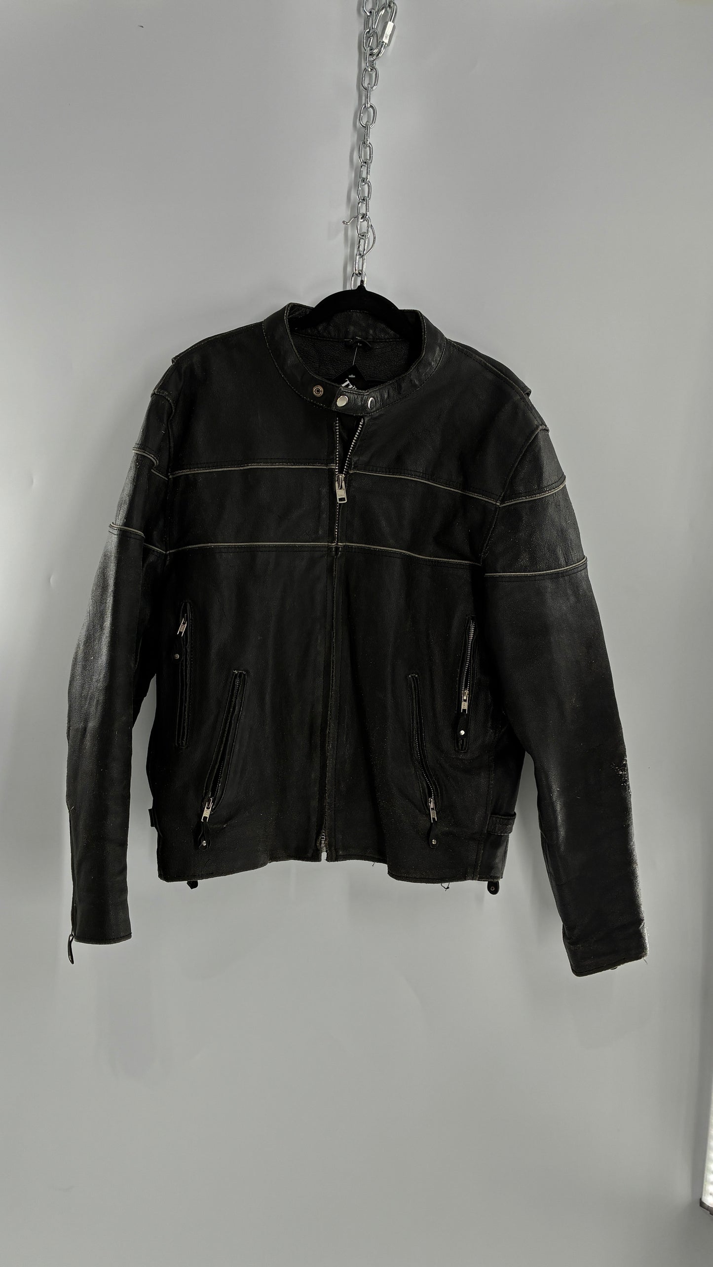 Vintage Distressed Genuine Leather Motorcycle Jacket with Zippered Pockets, Cuffs, and Sides (Large)