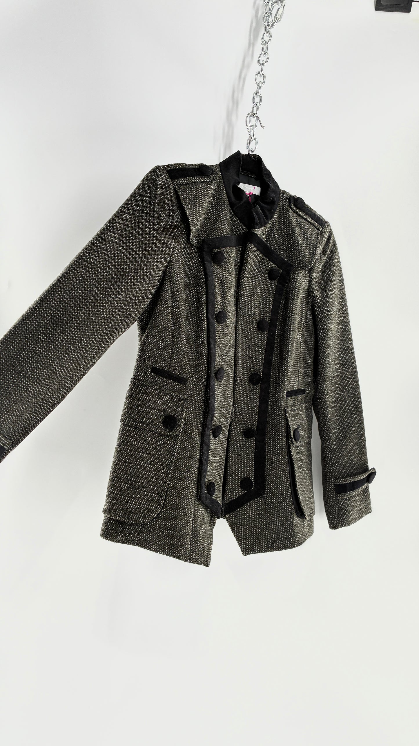 Deadstock Vintage PER UNA 41% Wool Grey Drummer Military Jacket with Black Velvet Piping and Tags Attached (12)