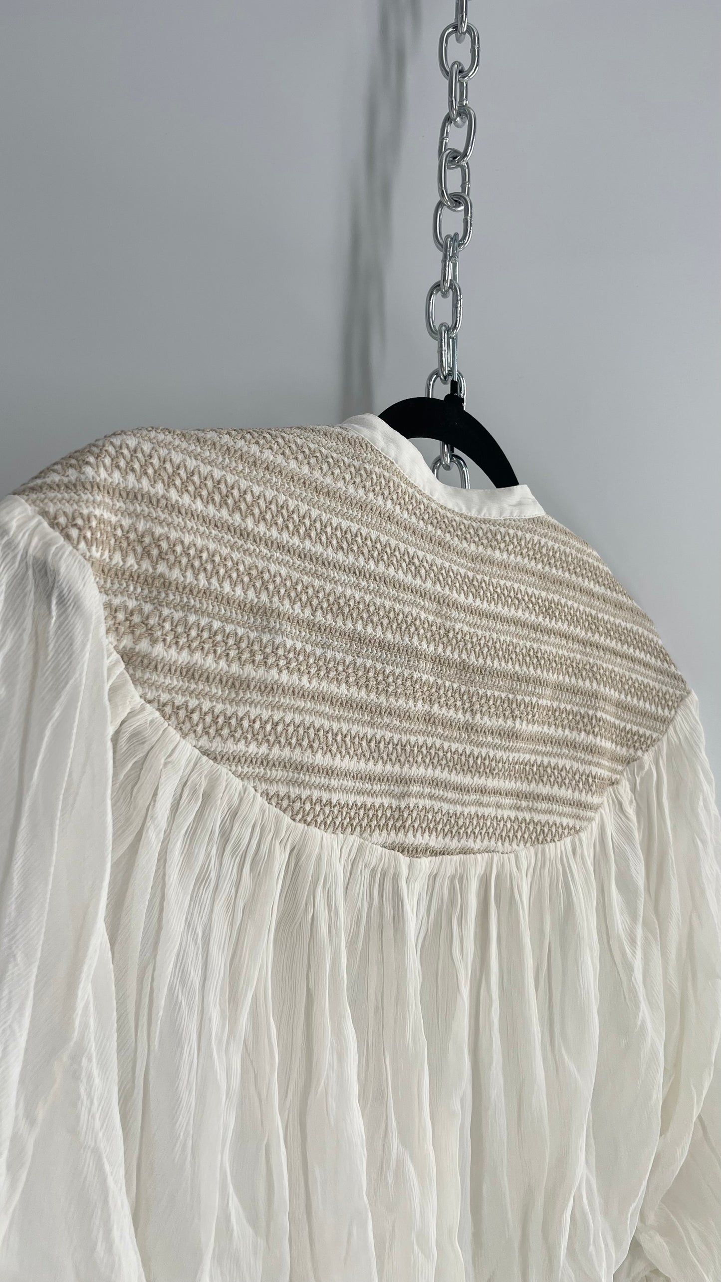 Free People Off White Draped Sleeve Button Front Embroidered Neckline Blouse with Tags Attached (Small)