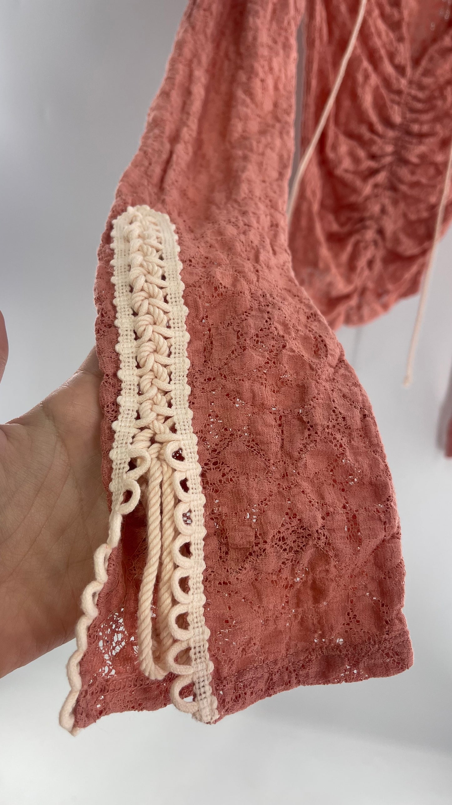 Free People Pink Lace Long Sleeve with Beige Lace Up Sleeve Detail (XS)