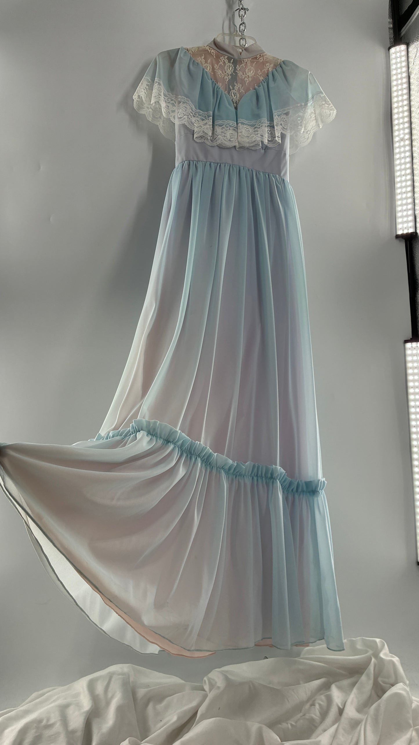 Vintage Handmade 1960s Powder Blue Overlay, Lilac Underlay Gown, Prairie Wedding Dress