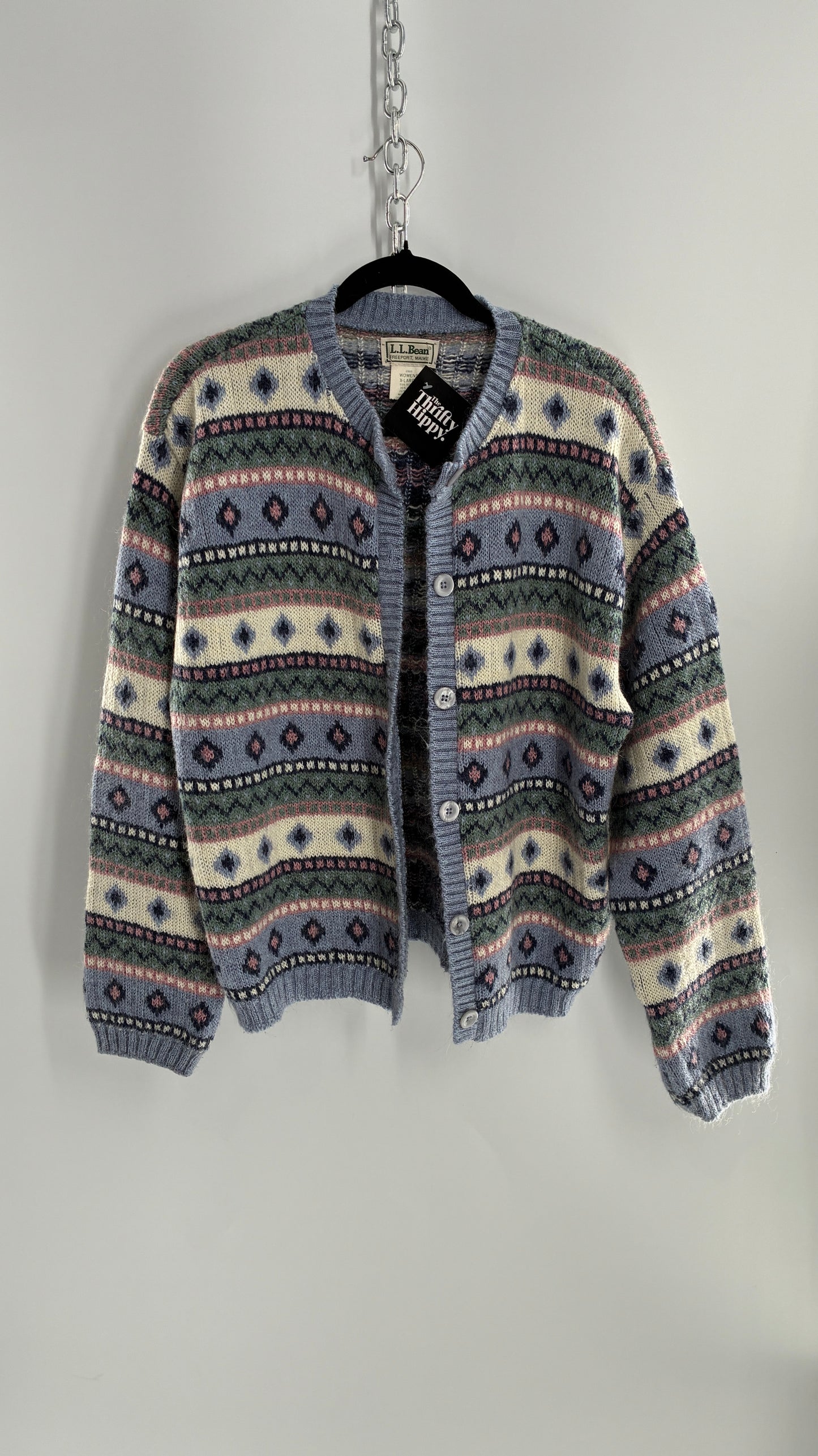 Vintage LL Bean 25% Mohair Striped Knit Blue Green Pink Cardigan (XL)