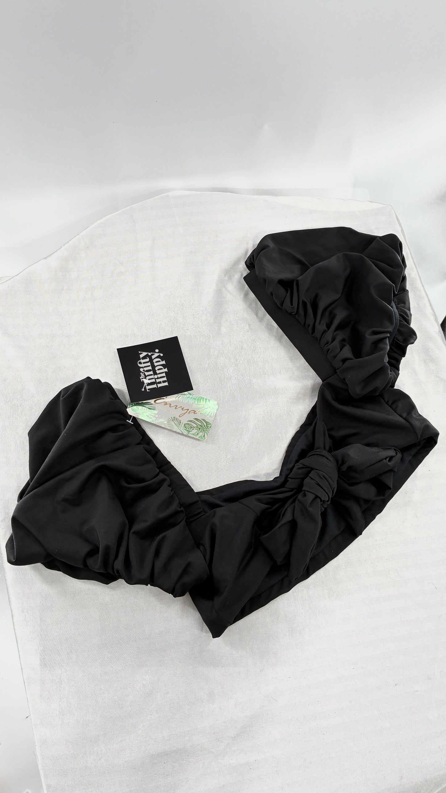 ENVYA Puff Sleeve Cropped Swim Top with Tie Back Detail