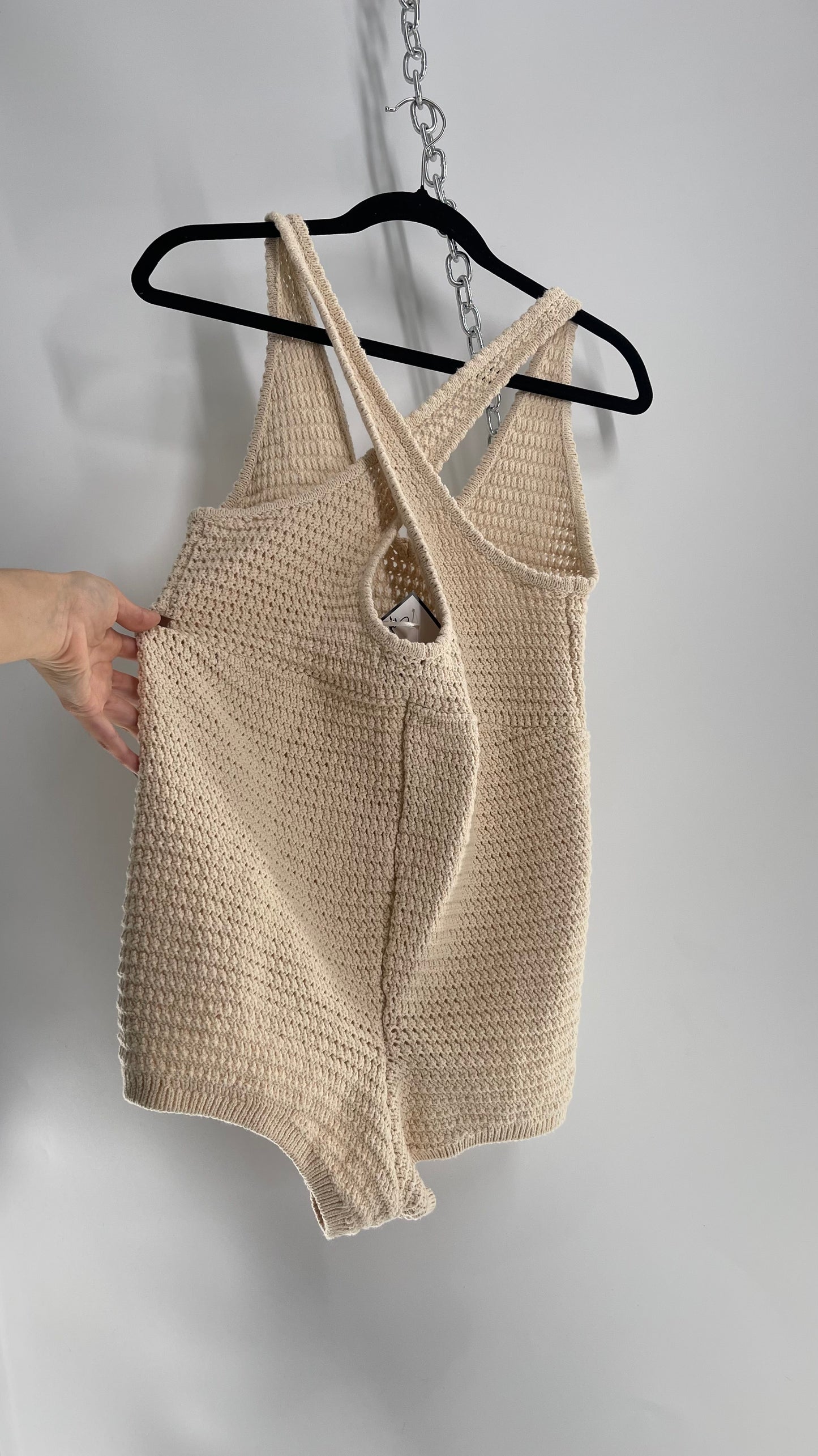 Free People Beige Crochet Thick Knit Beige Jumpsuit Romper (XS)